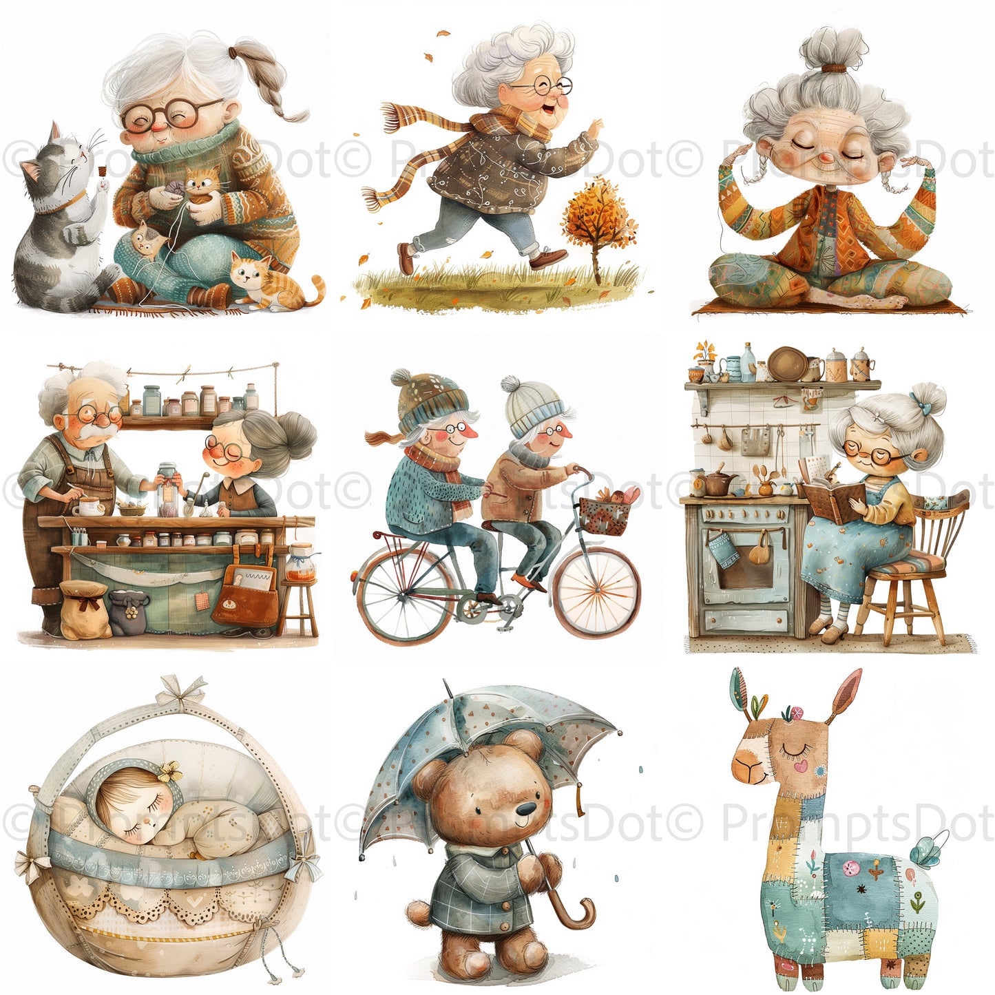 grid 3 In 1 Grandma Nursery Animal Watercolor Midjourney Prompts