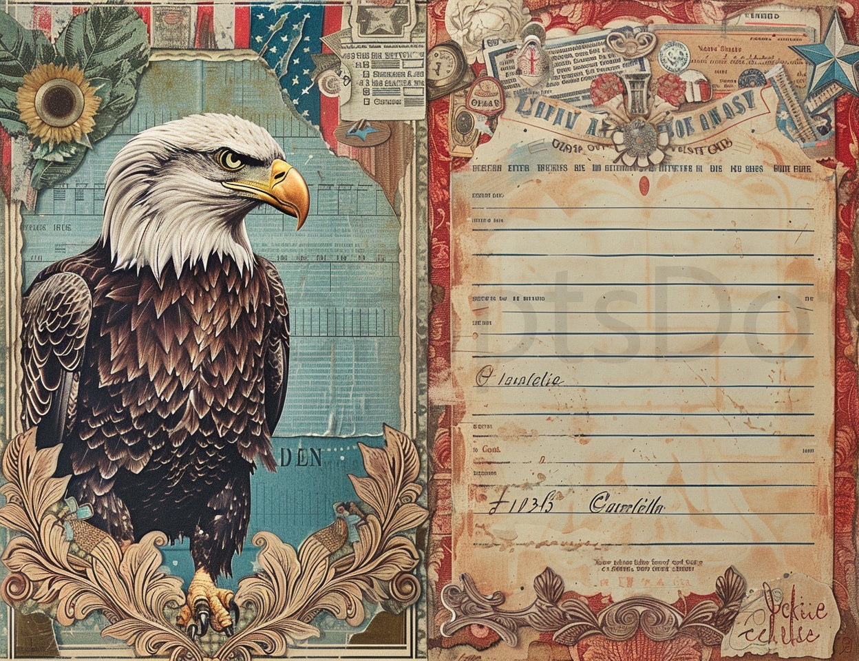 American Eagle Midjourney Prompts For 4th July America Junk Journal Pages