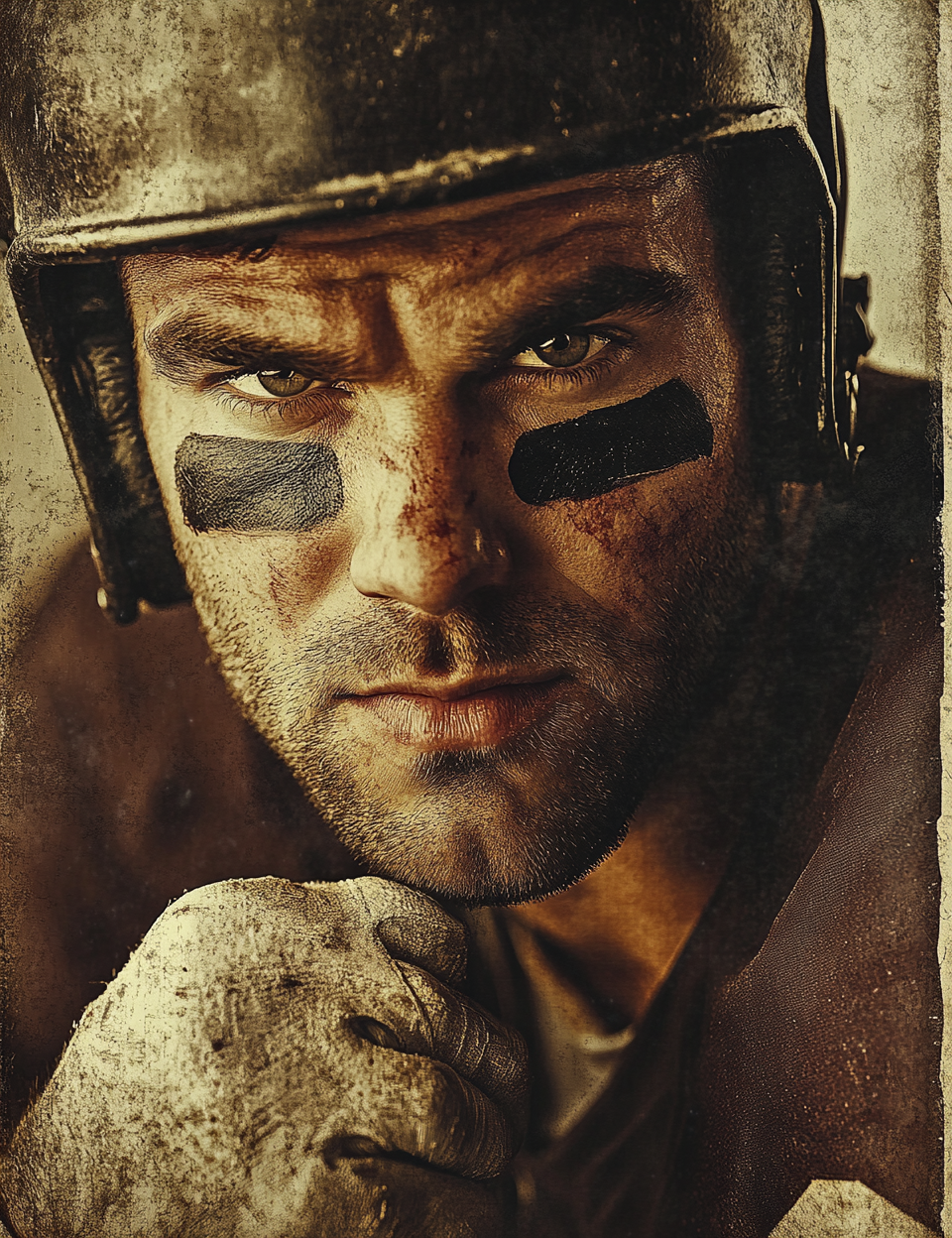 Close-up of a soldier wearing a helmet with a serious expression.
