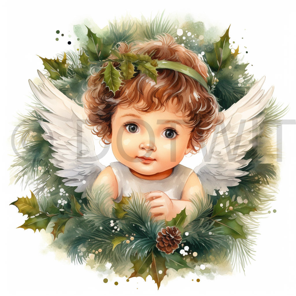 an angel inside a christmas wreath Christmas Watercolor Digital Wreaths and Midjourney Prompt Commercial Use