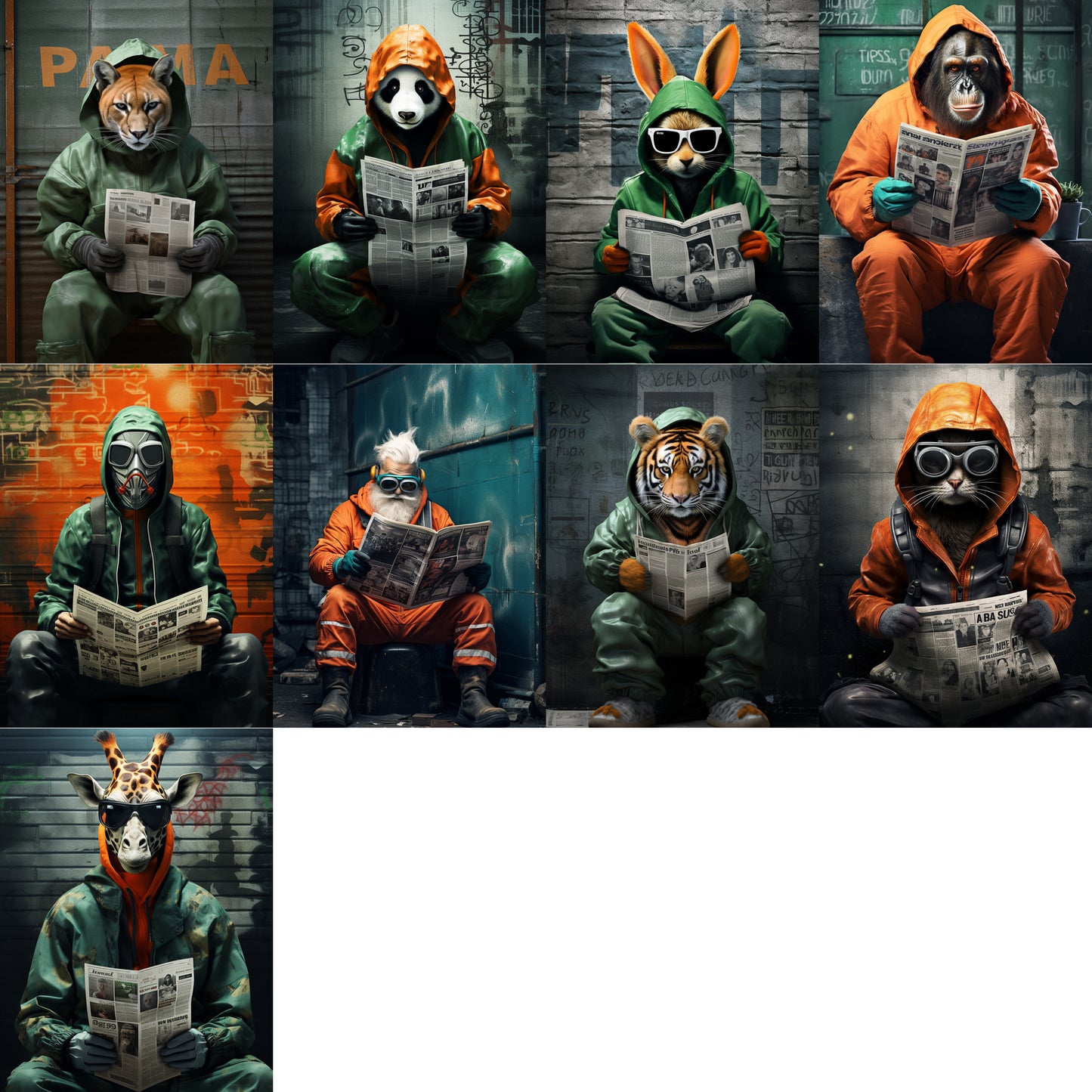 grid of nine Animal Posters Urban Newspaper Cards Digital Art