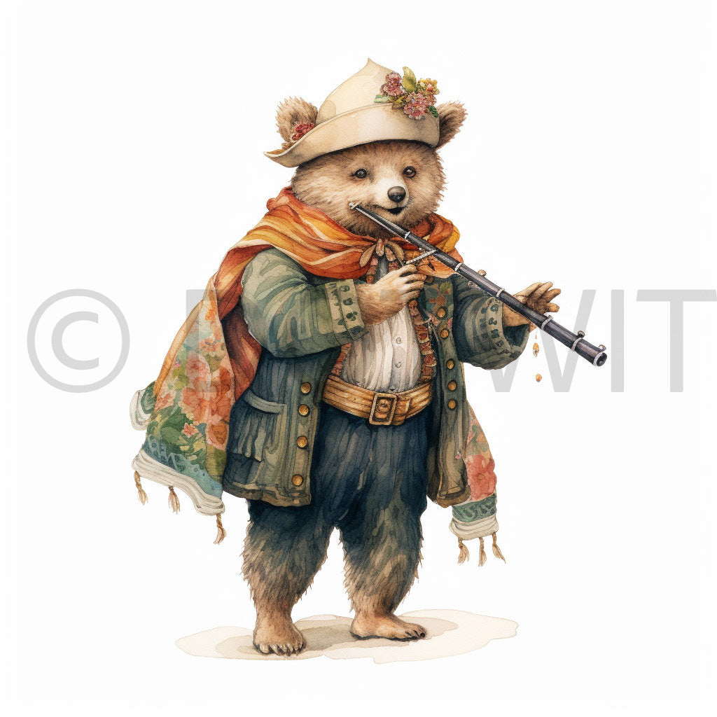 a bear with a flute Animal T Shirt Digital Designs Musicians Clipart and Midjourney Prompt