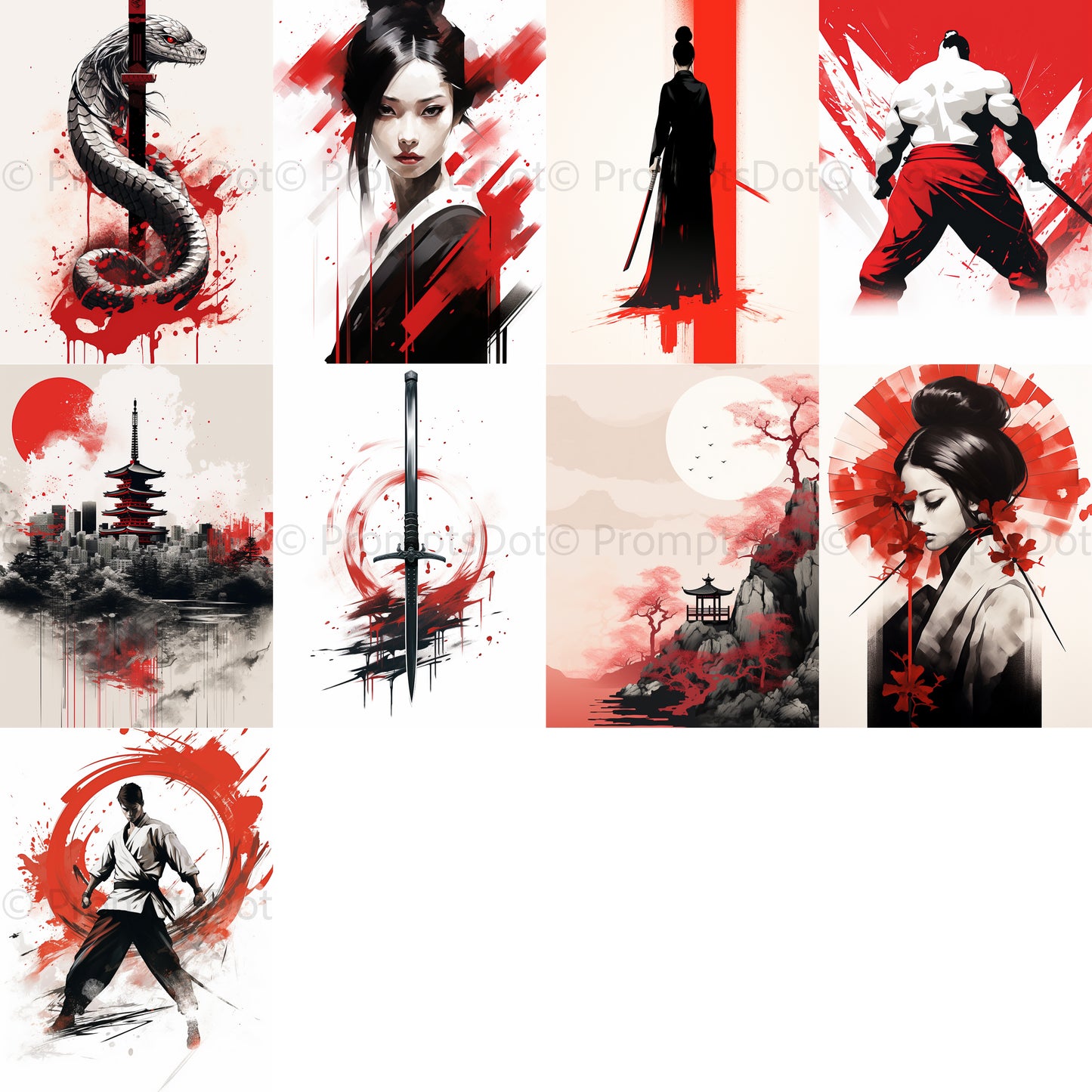 grid of nine Asian Minimalist Digital Art Posters and Midjourney Prompt