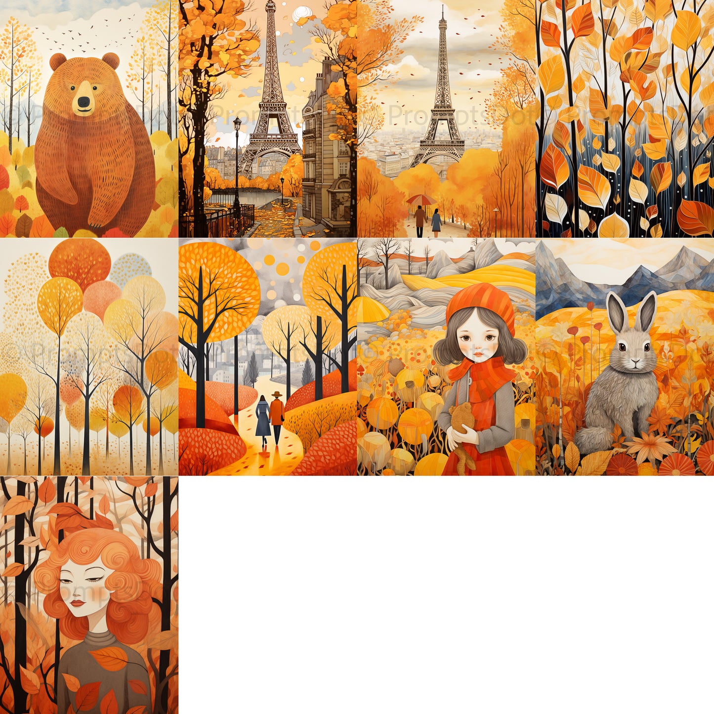 grid of nine Autumn Digital Postcards Fall Posters Art