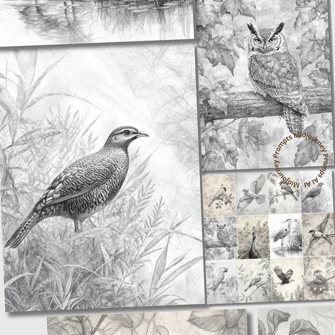Midjourney Prompts for Handdrawn Nature And Birds Sketches