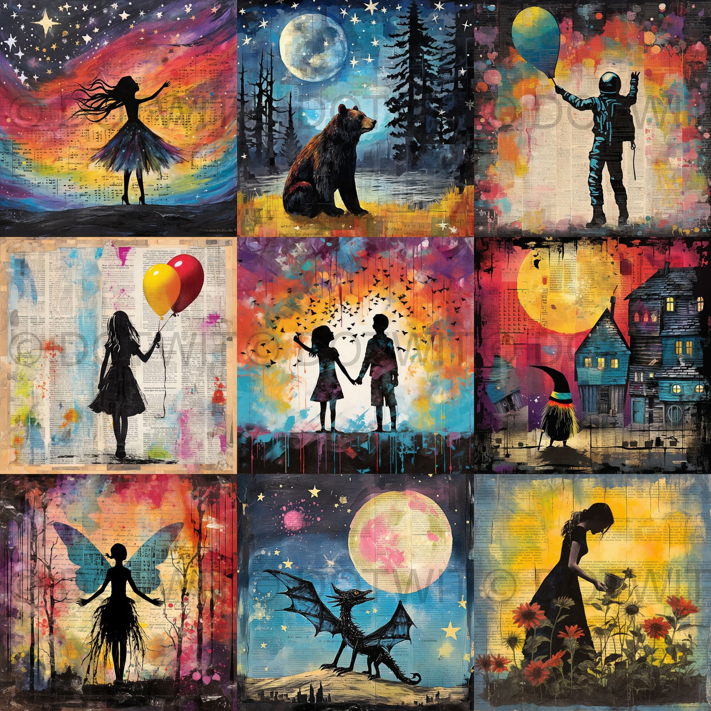 Black Silhouettes Whimsical Ephemera Art Digital Art and Midjourney Prompt Commercial Use