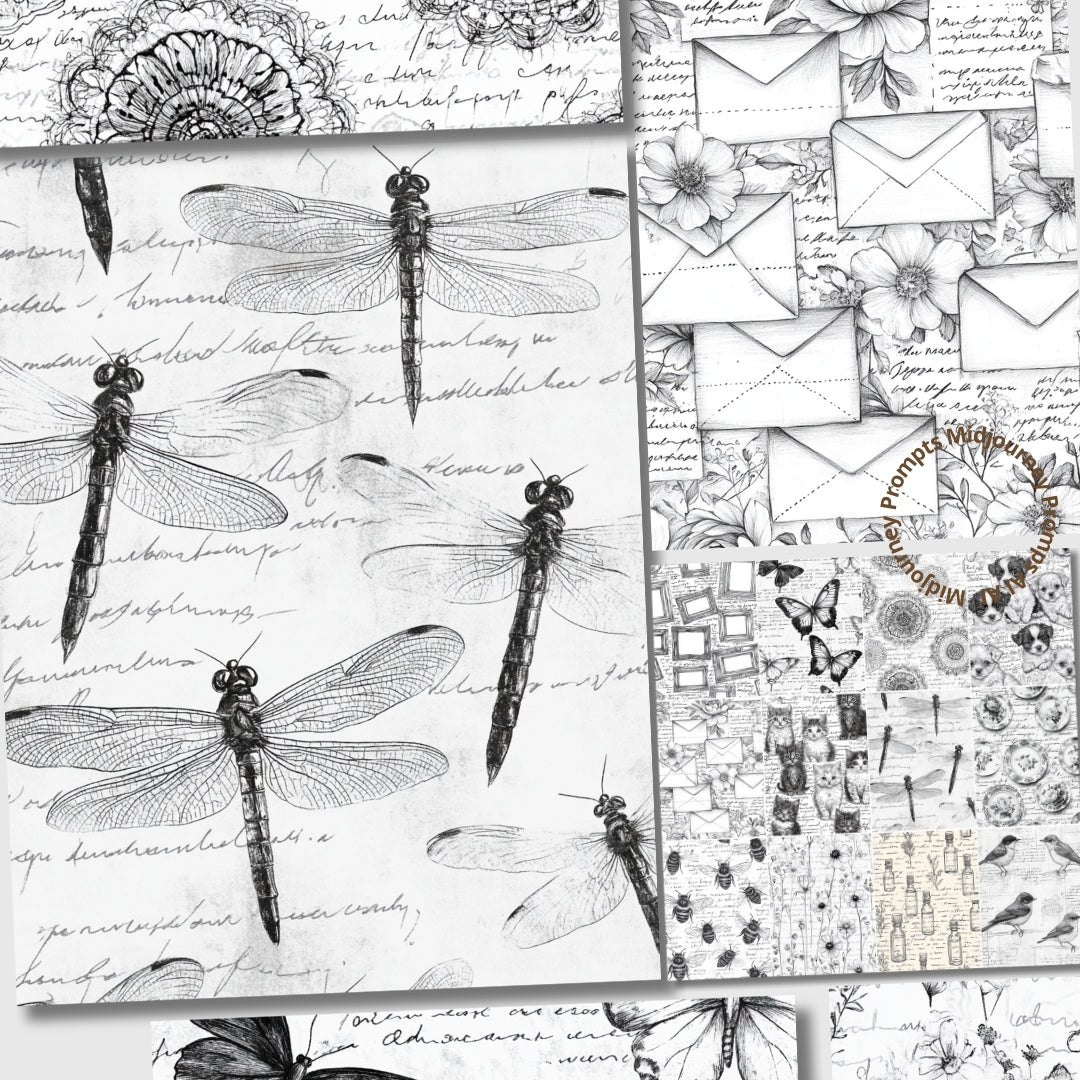 Midjourney Prompts for Black and White Printable Stamp Papers
