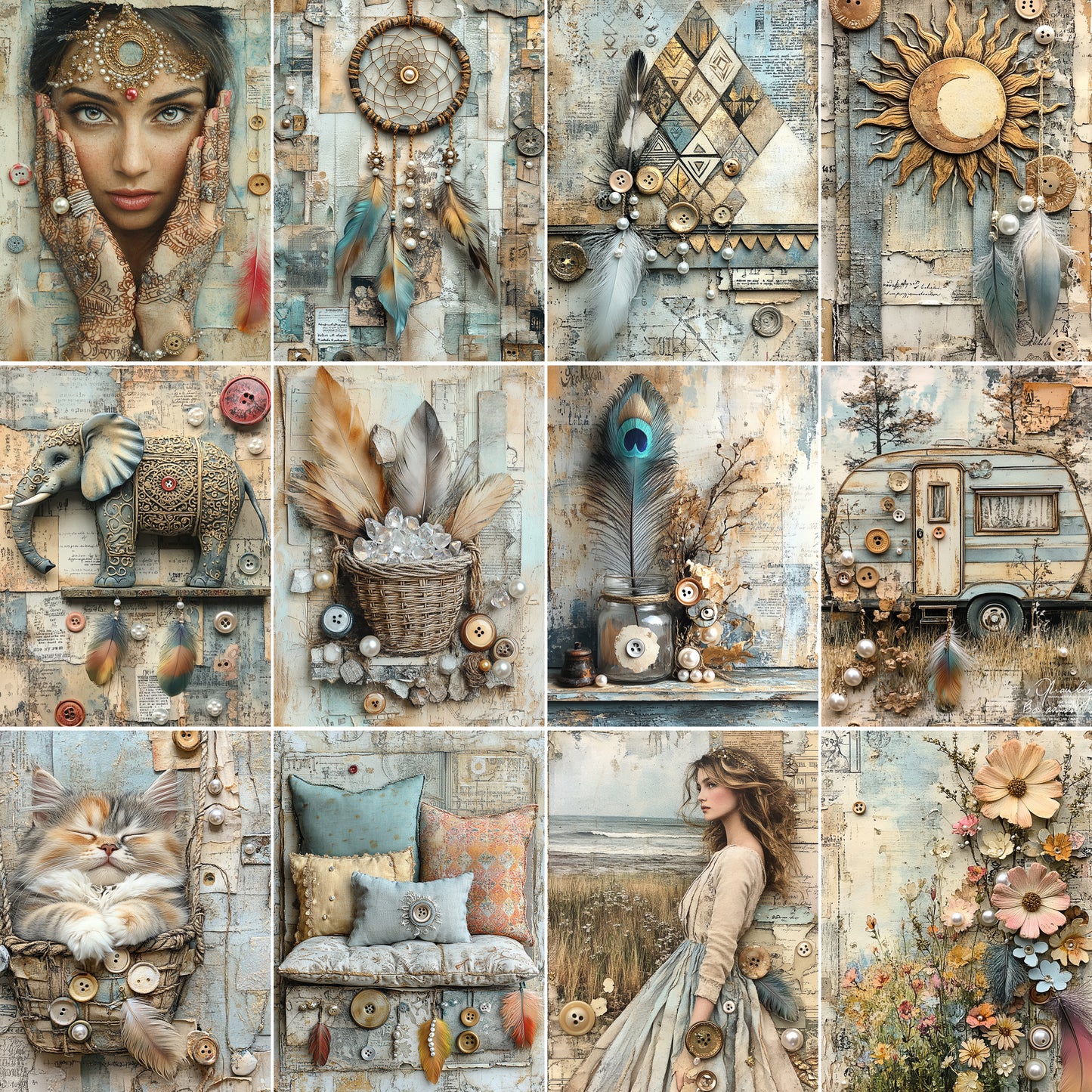 Midjourney Prompts for Boho Mixed Media Scrapbooking Papers