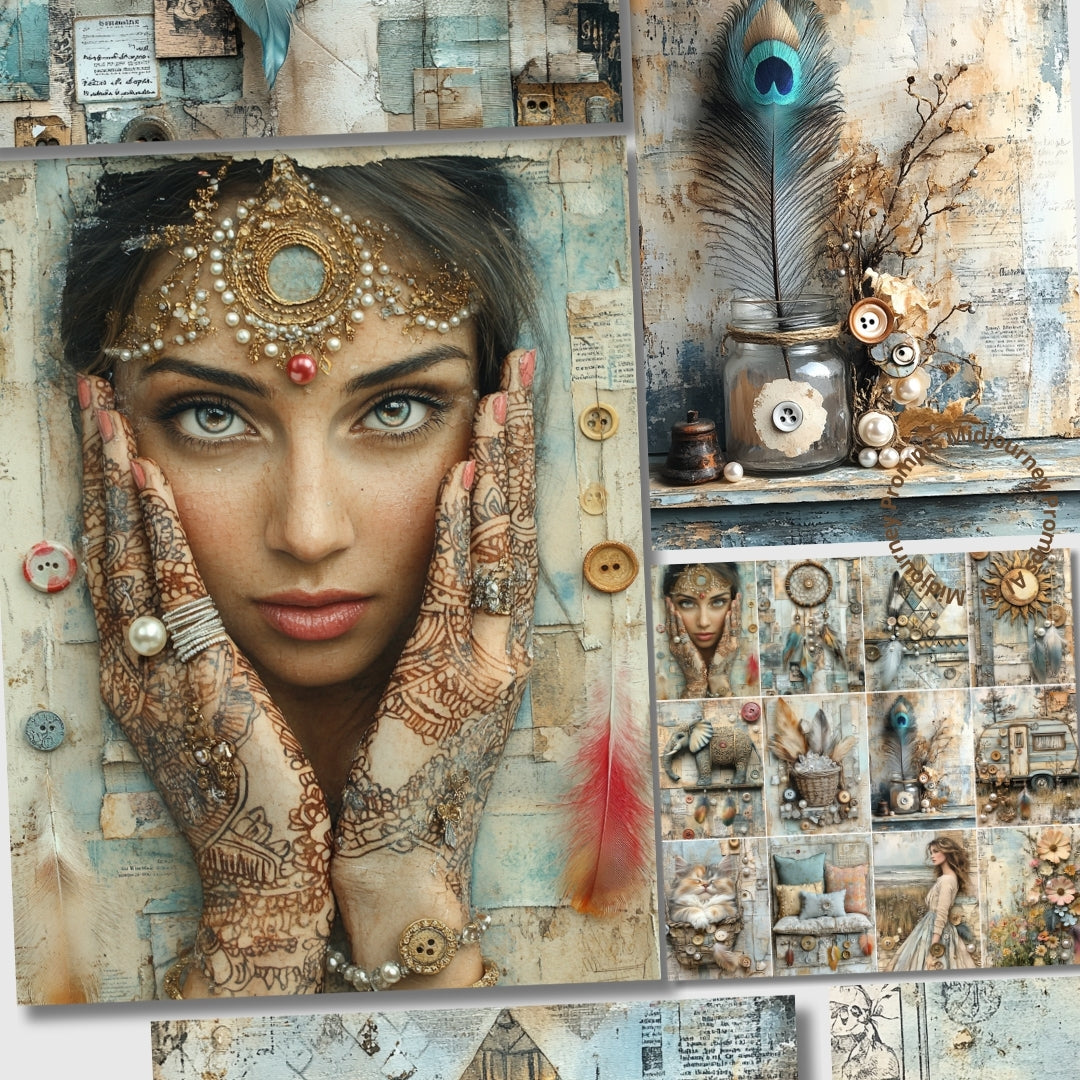 Midjourney Prompts for Boho Mixed Media Scrapbooking Papers