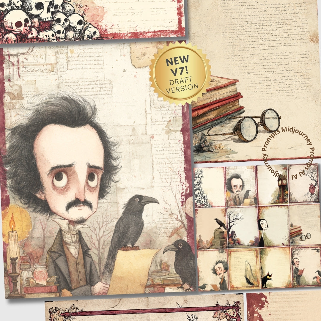 Midjourney V7 Prompts for Cartoon Edgar Allan Poe for Halloween