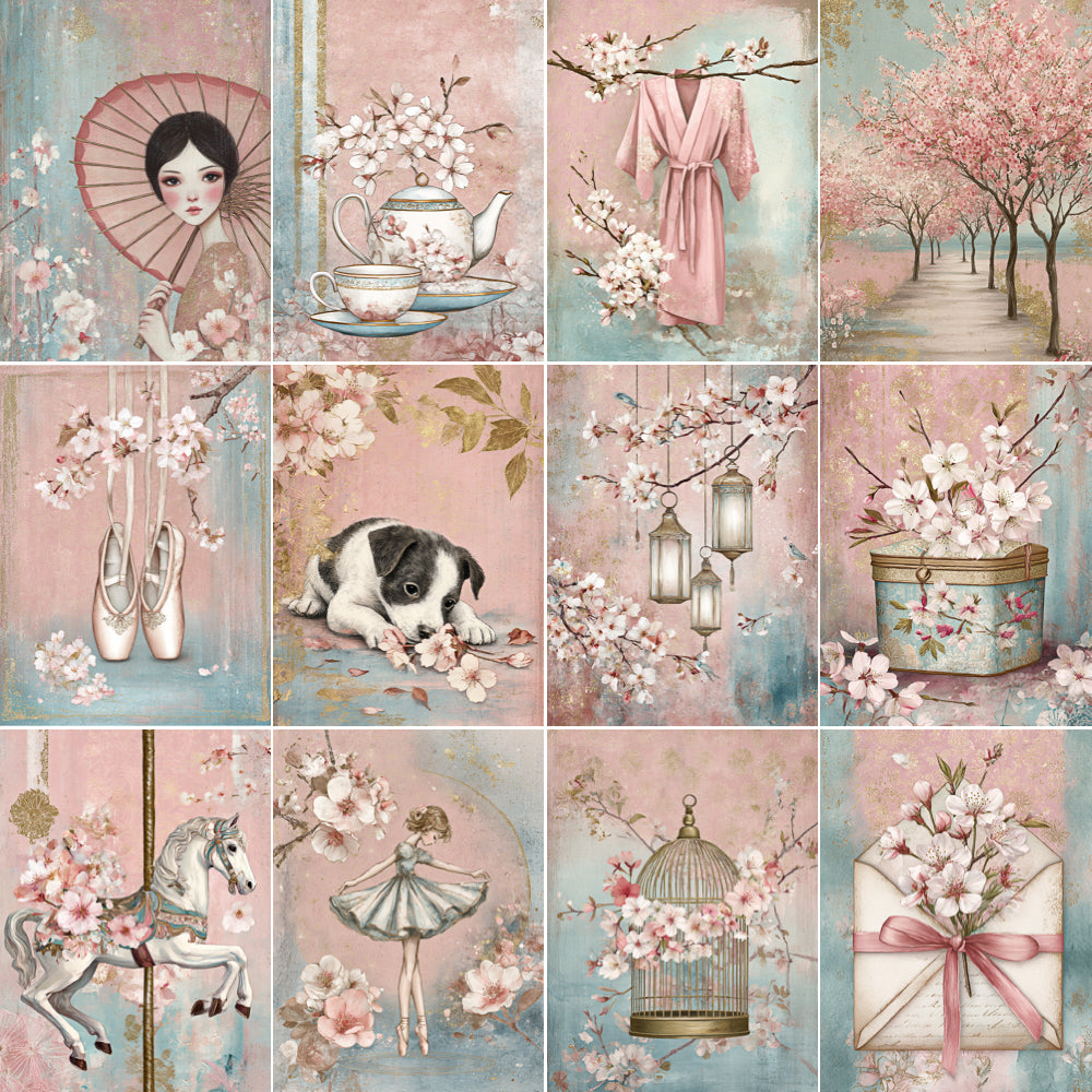 Collage of vintage-style illustrations featuring cherry blossoms, a girl with an umbrella, a teacup, a dog, and other decorative elements.
