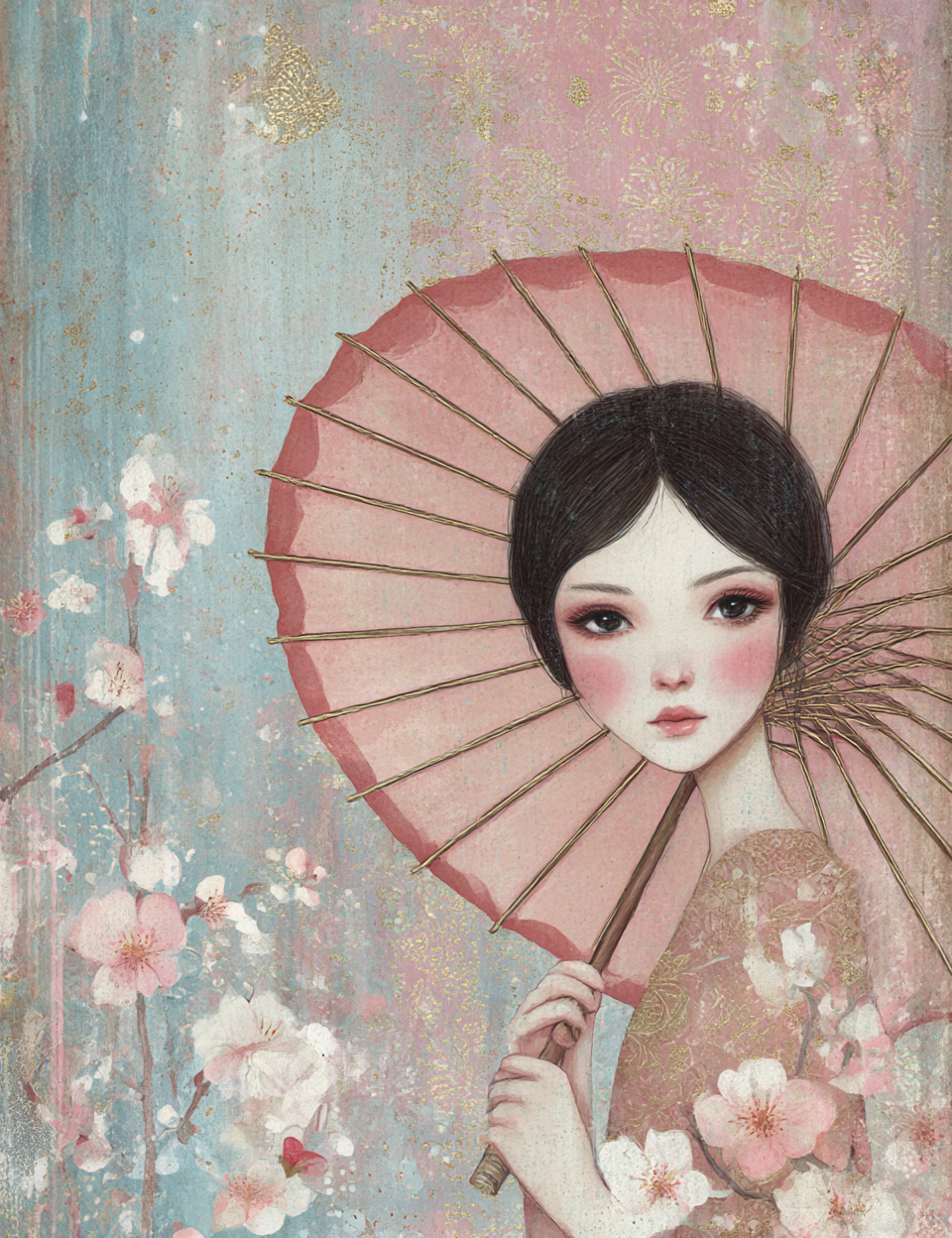 Artistic illustration of a woman holding a pink parasol with cherry blossoms in the background