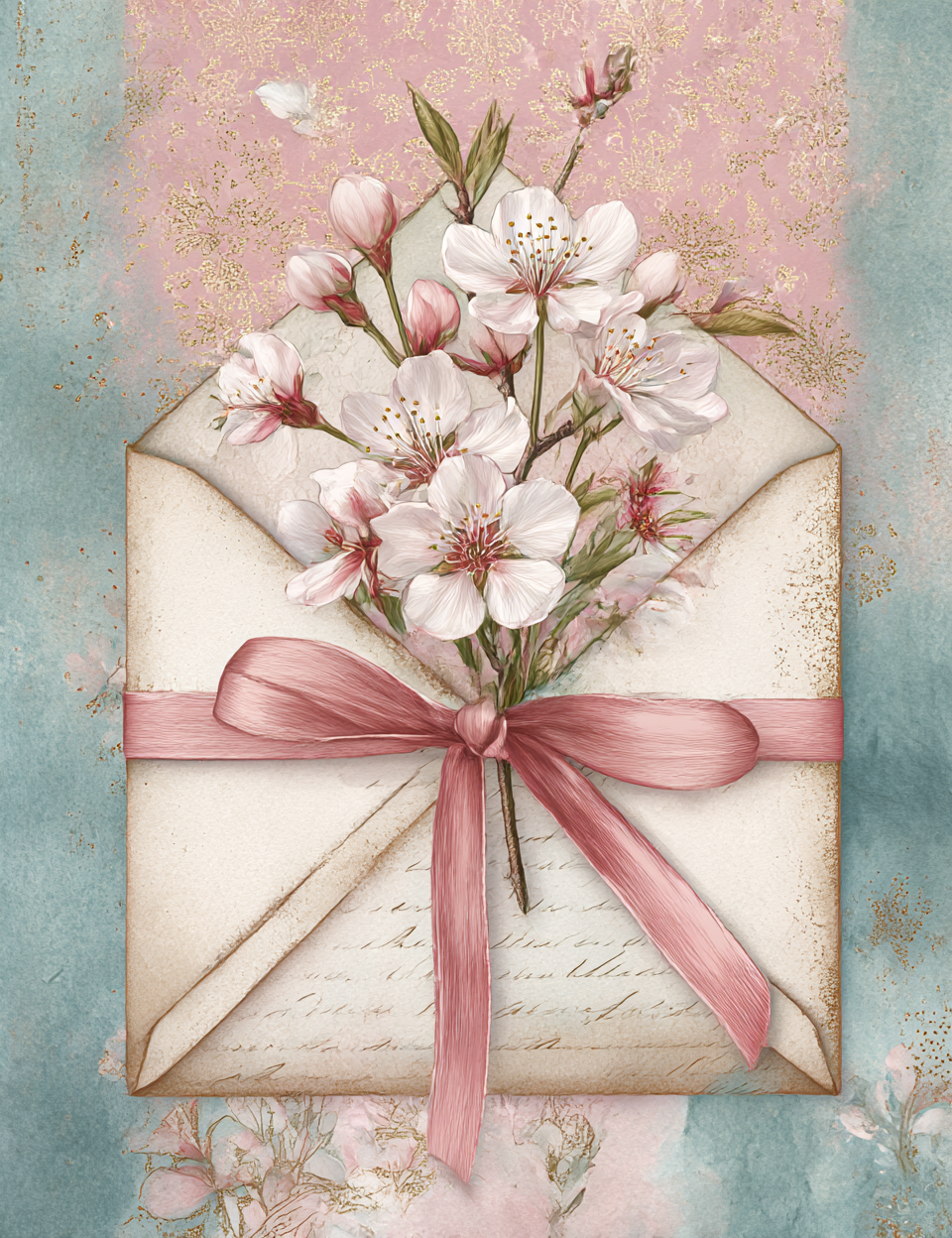 Decorative envelope with pink flowers and a bow on a soft pastel background