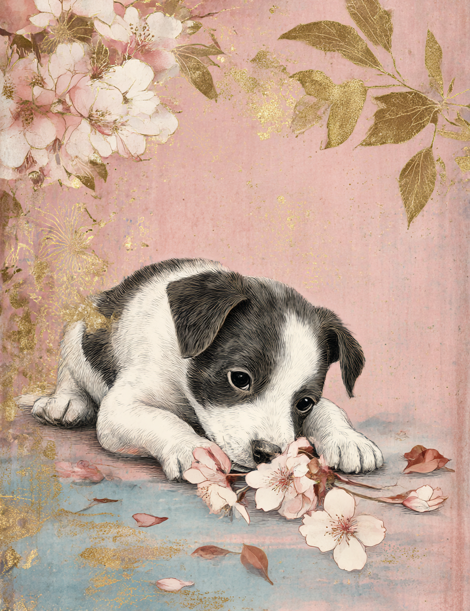 Puppy with flowers on a floral and pink background
