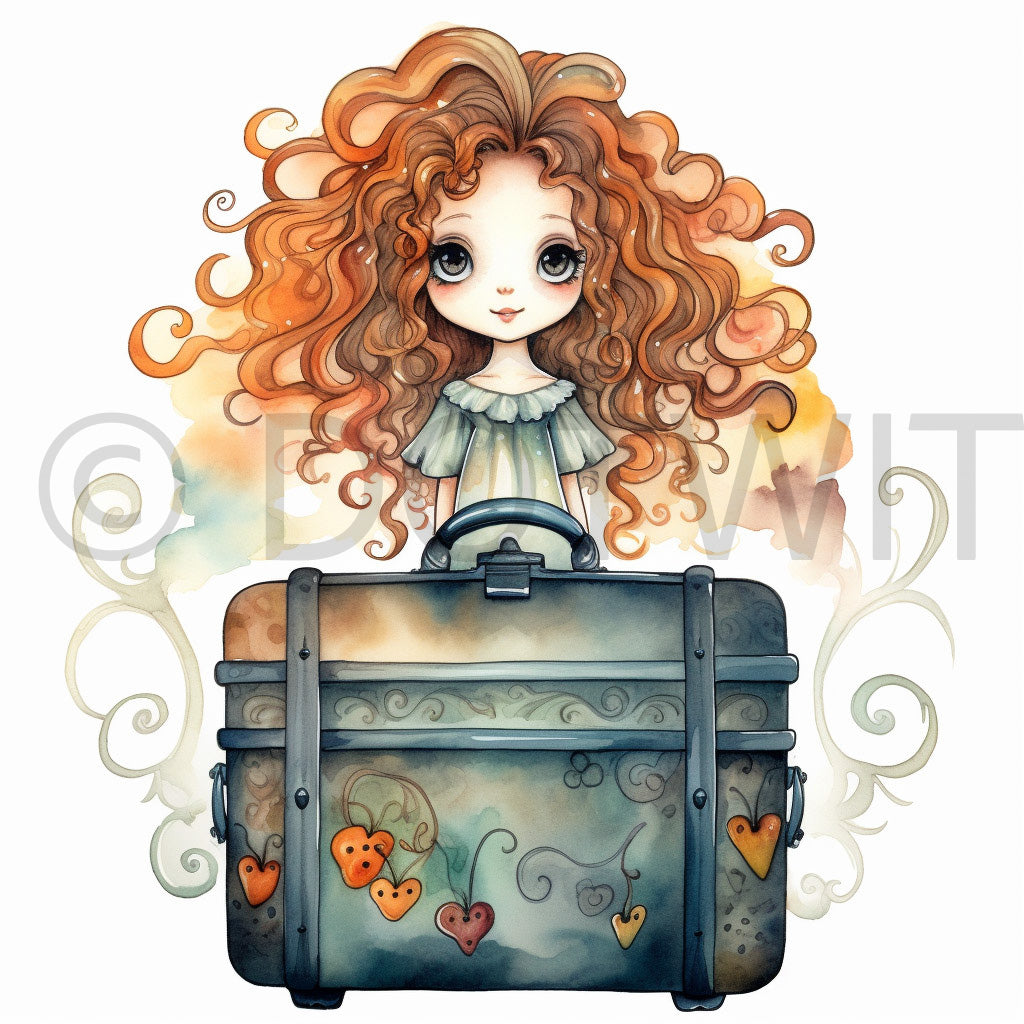a girl with a suitcase Childrens Watercolor Vintage Digital Cartoons and Midjourney Prompt Commercial Use