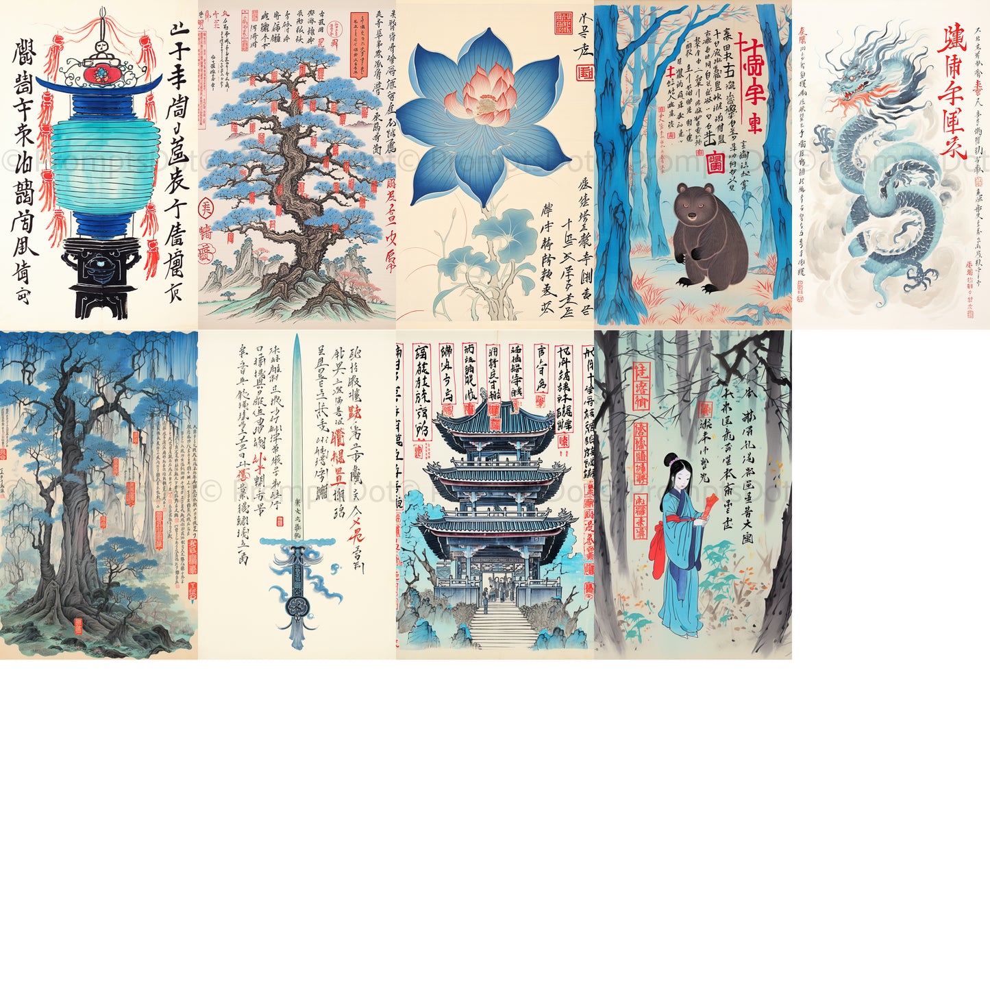 grid of nine Chinese Art Asian Cards Calligraphy Digital Art
