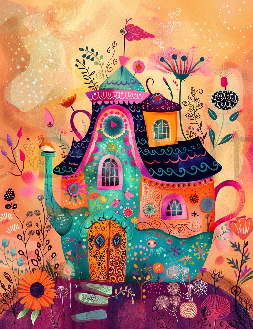 teapot house Spring Floral Colorful Illustrations