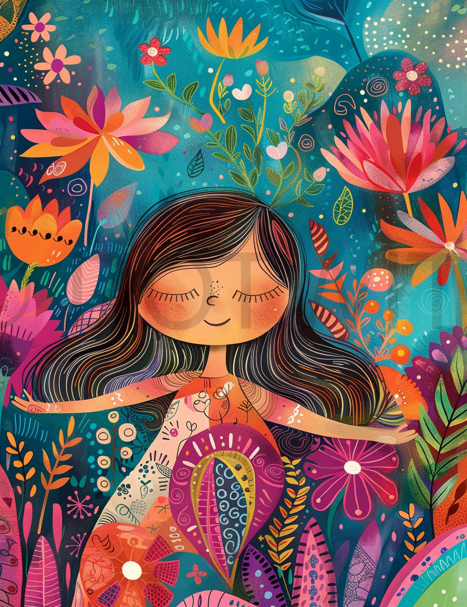 happy girl Spring Floral Colorful Illustrations