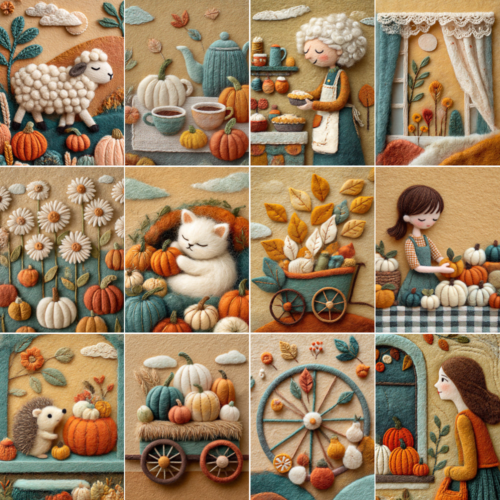 Collage of autumn-themed illustrations featuring pumpkins, a sheep, a cat, and other fall elements.