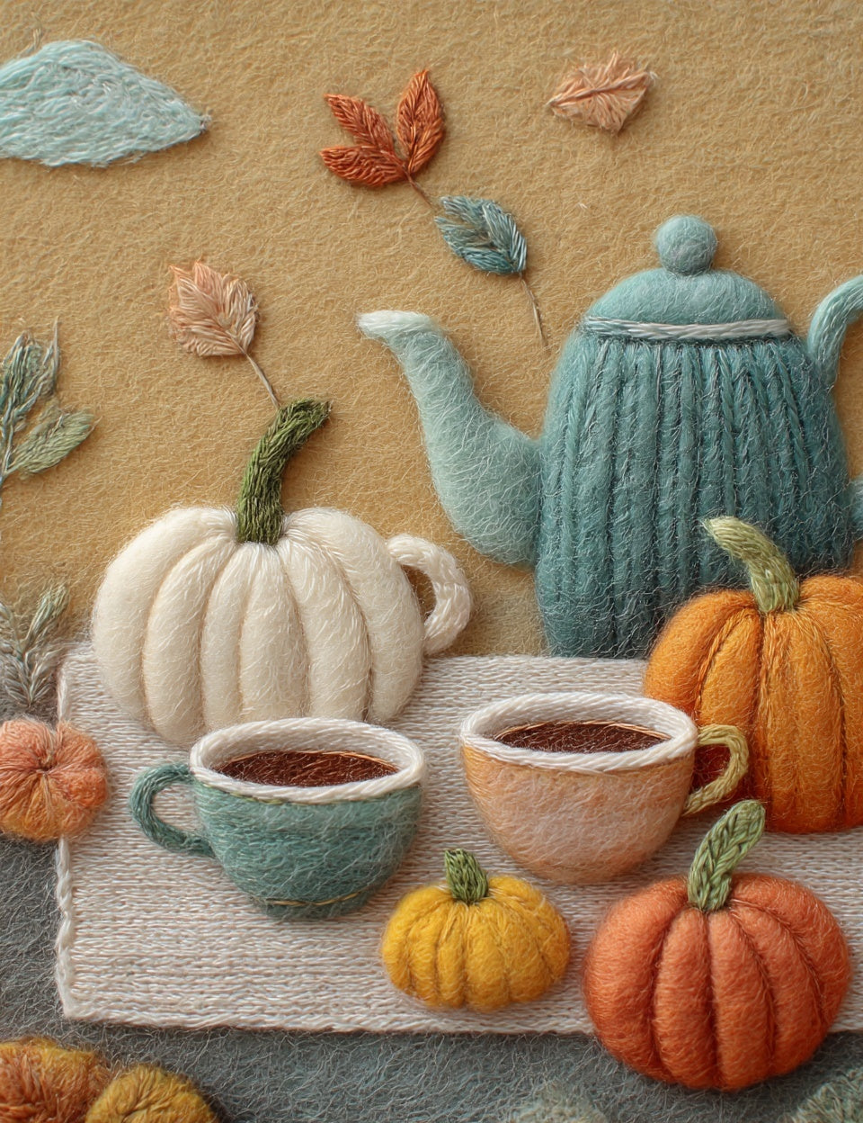 Teapot, pumpkins, and cups on a textured surface with autumn leaves.