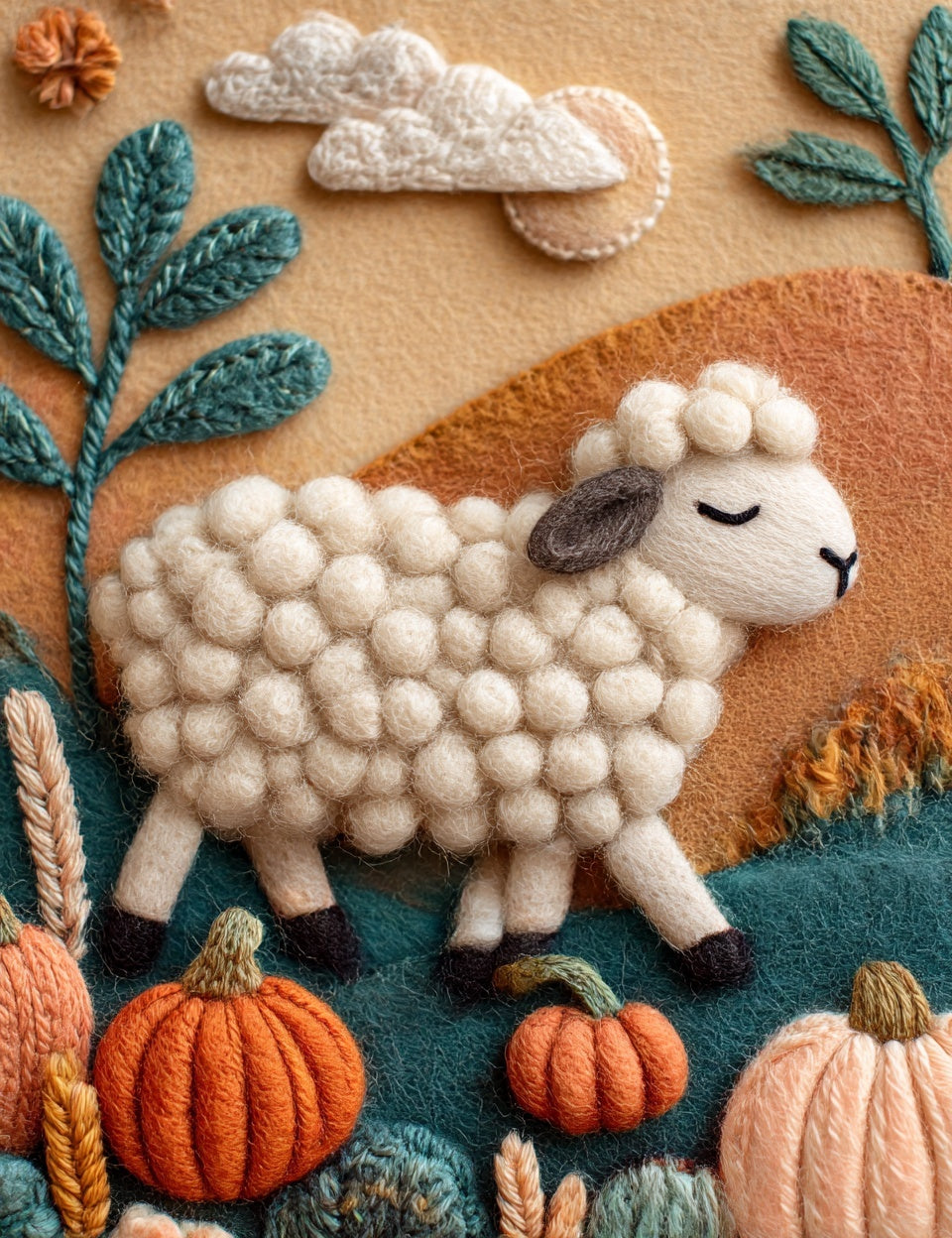 Felted sheep with pumpkins and autumn leaves on a textured fabric background