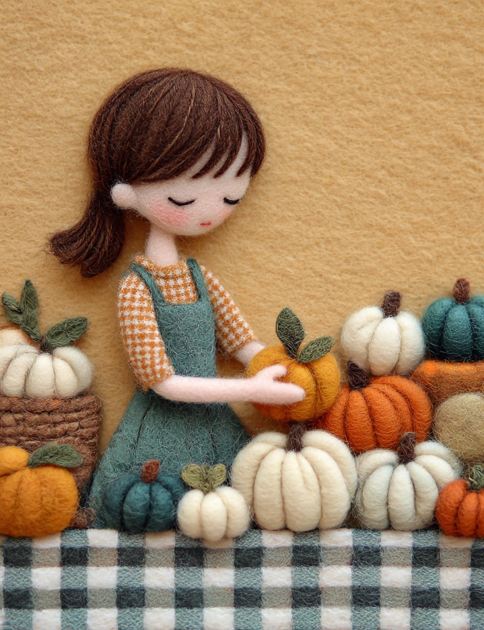 Felted doll with pumpkins on a checkered fabric background