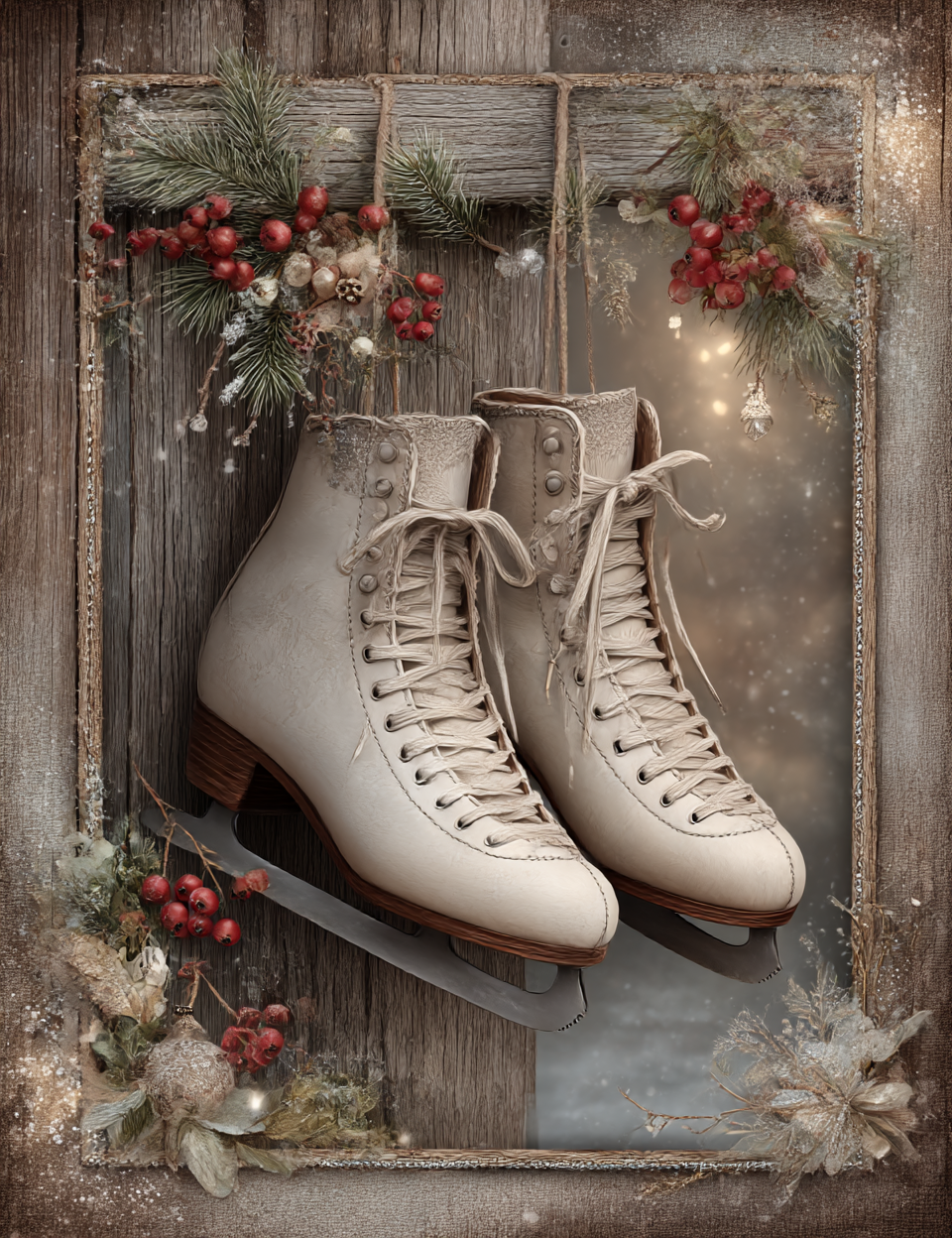 Pair of vintage ice skates with decorative elements on a wooden background