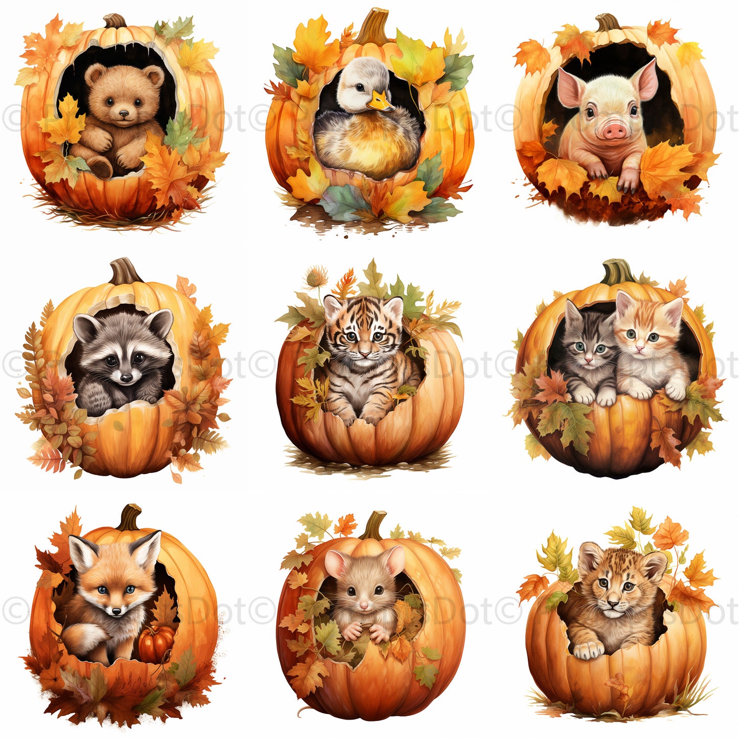 Cute Autumn Animals In Pumpkins Cliparts Midjourney Prompt Commercial Use