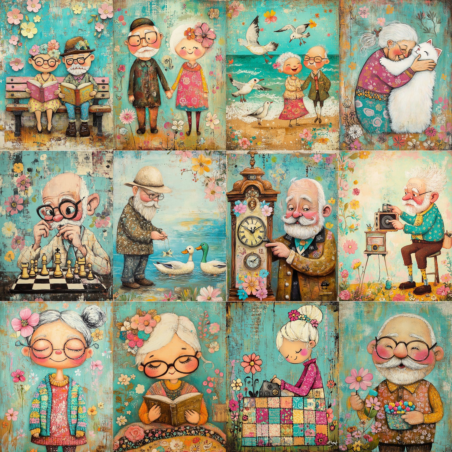 Midjourney Prompts for Cute Cartoon Old Hippie Ladies Grandpas