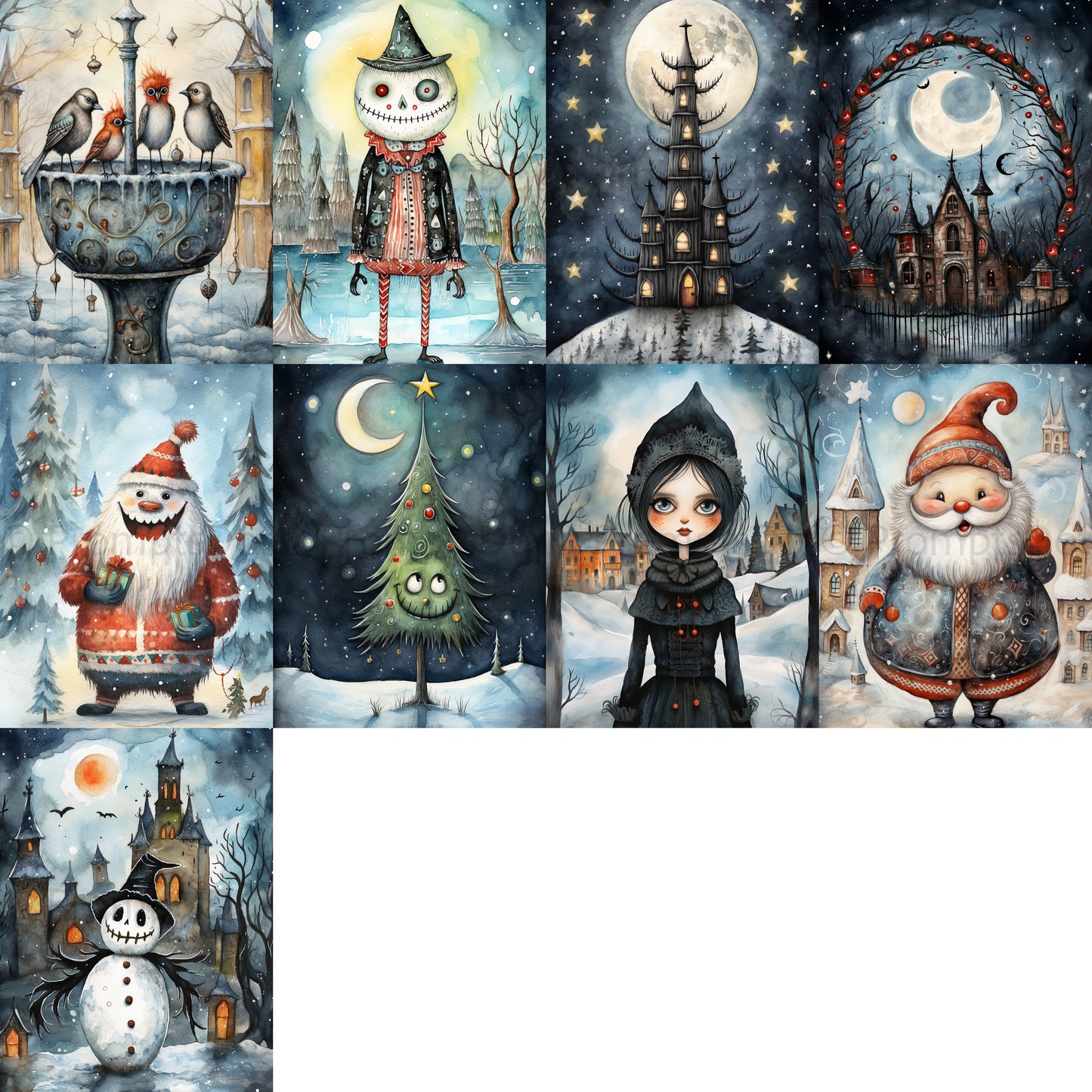 grid of nine Cute Gothic Christmas Digital Postcards Posters