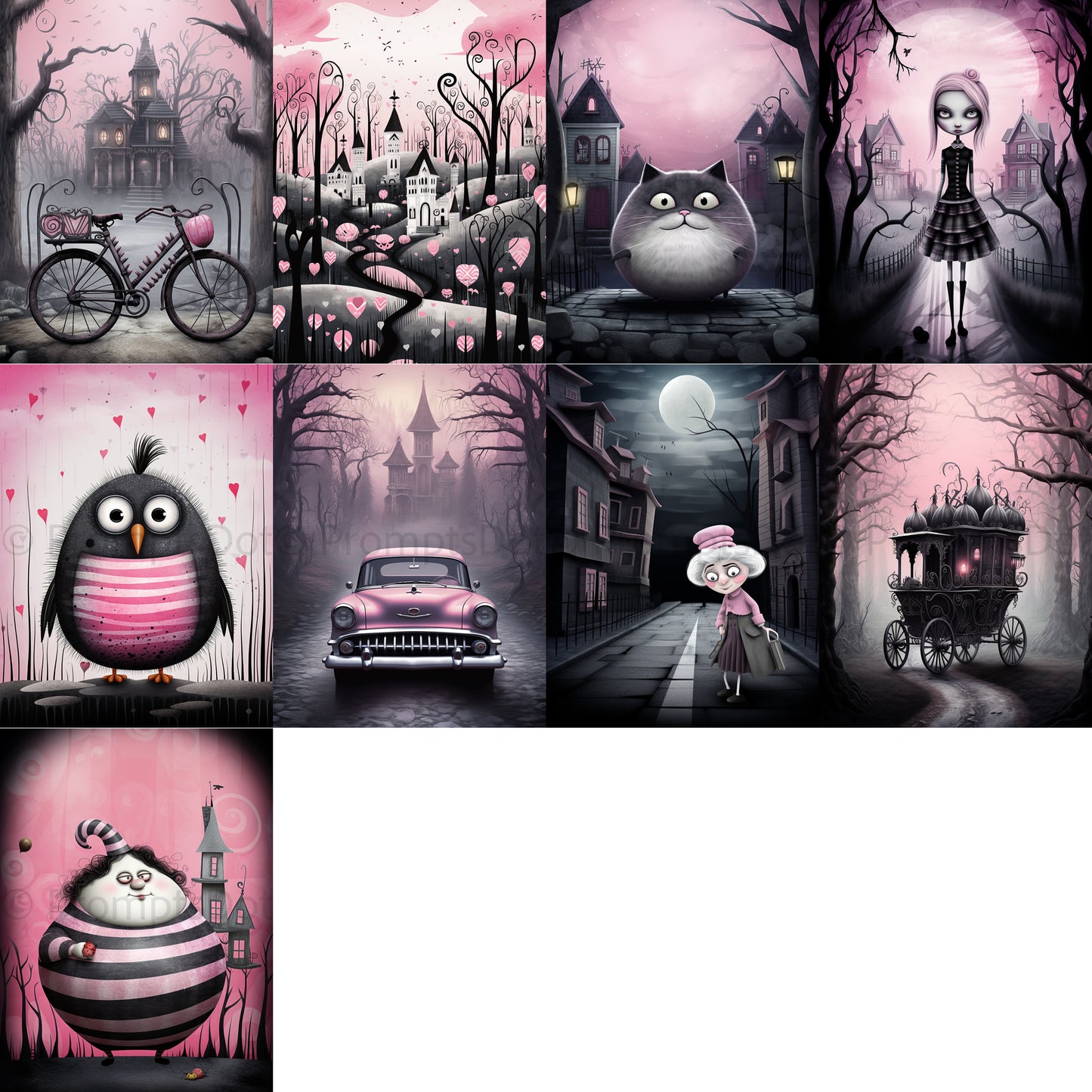 grid of nine Cute Gothic Postcards Quirky Digital Art