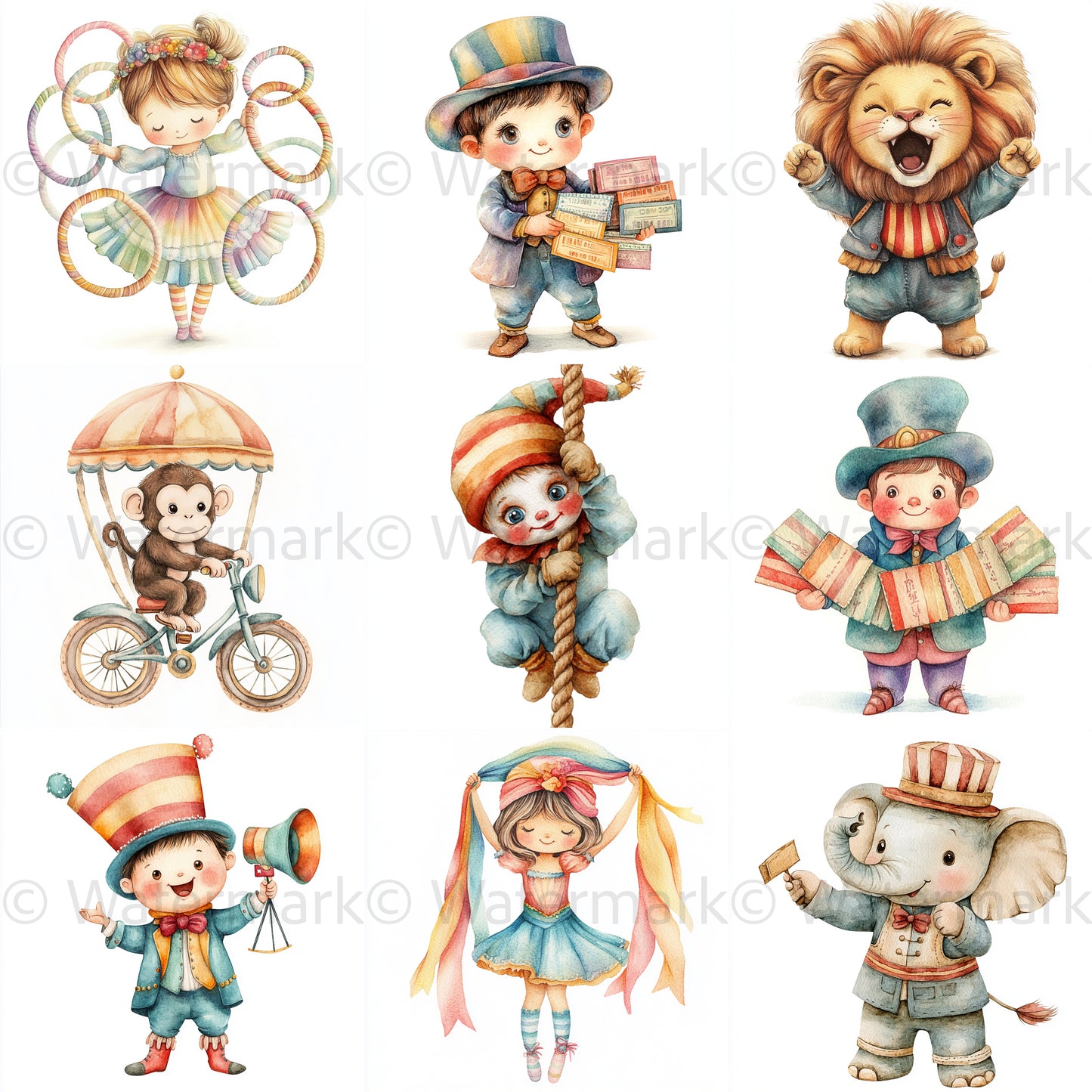 Midjourney Prompts for Cute Nursery Circus Clipart Set