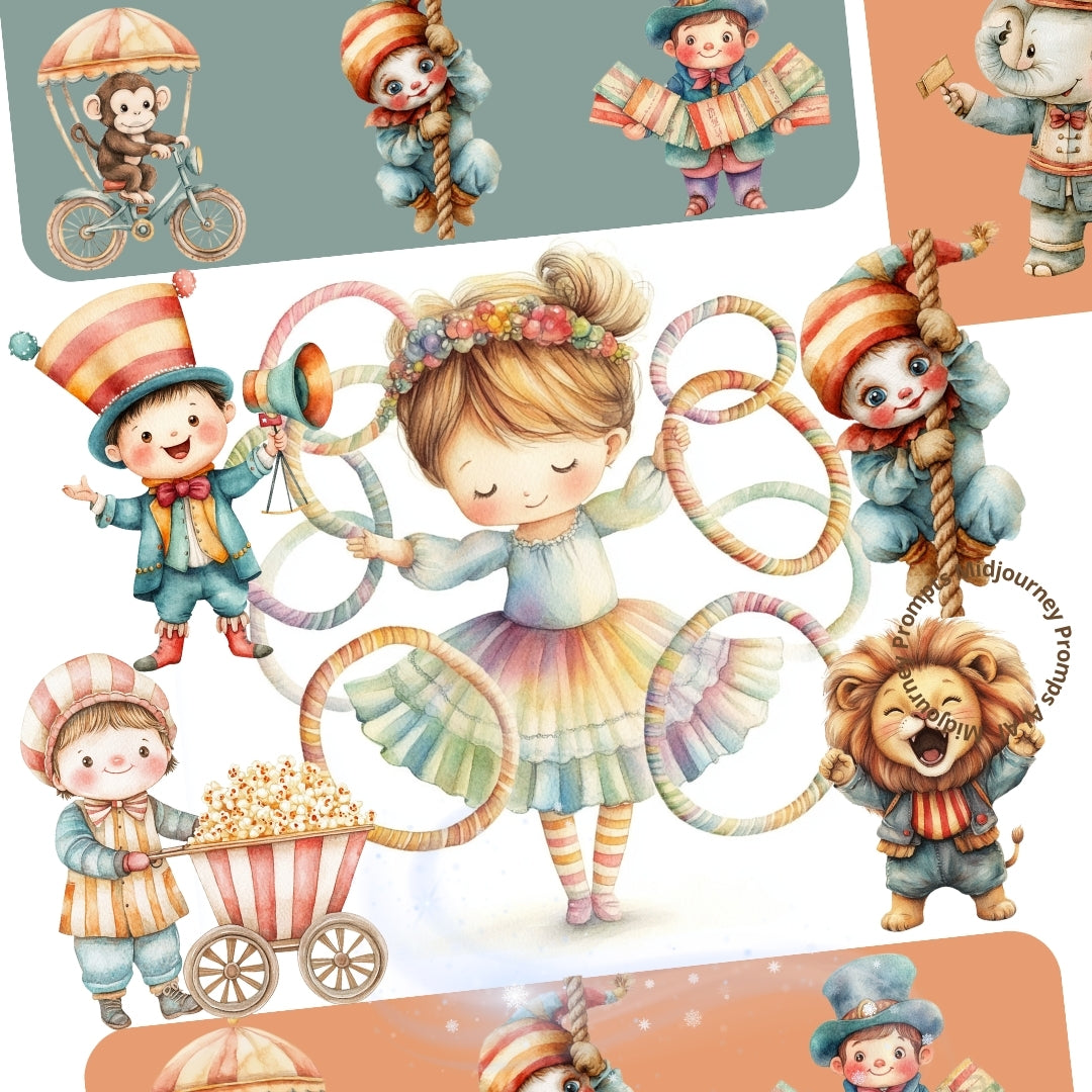 Midjourney Prompts for Cute Nursery Circus Clipart Set
