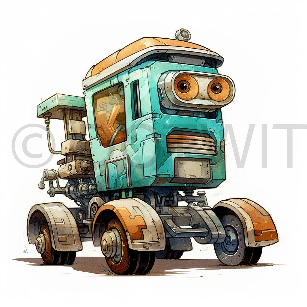 a cute robot truck Robots Watercolors Digital Clipart and Midjourney Prompt Commercial Use