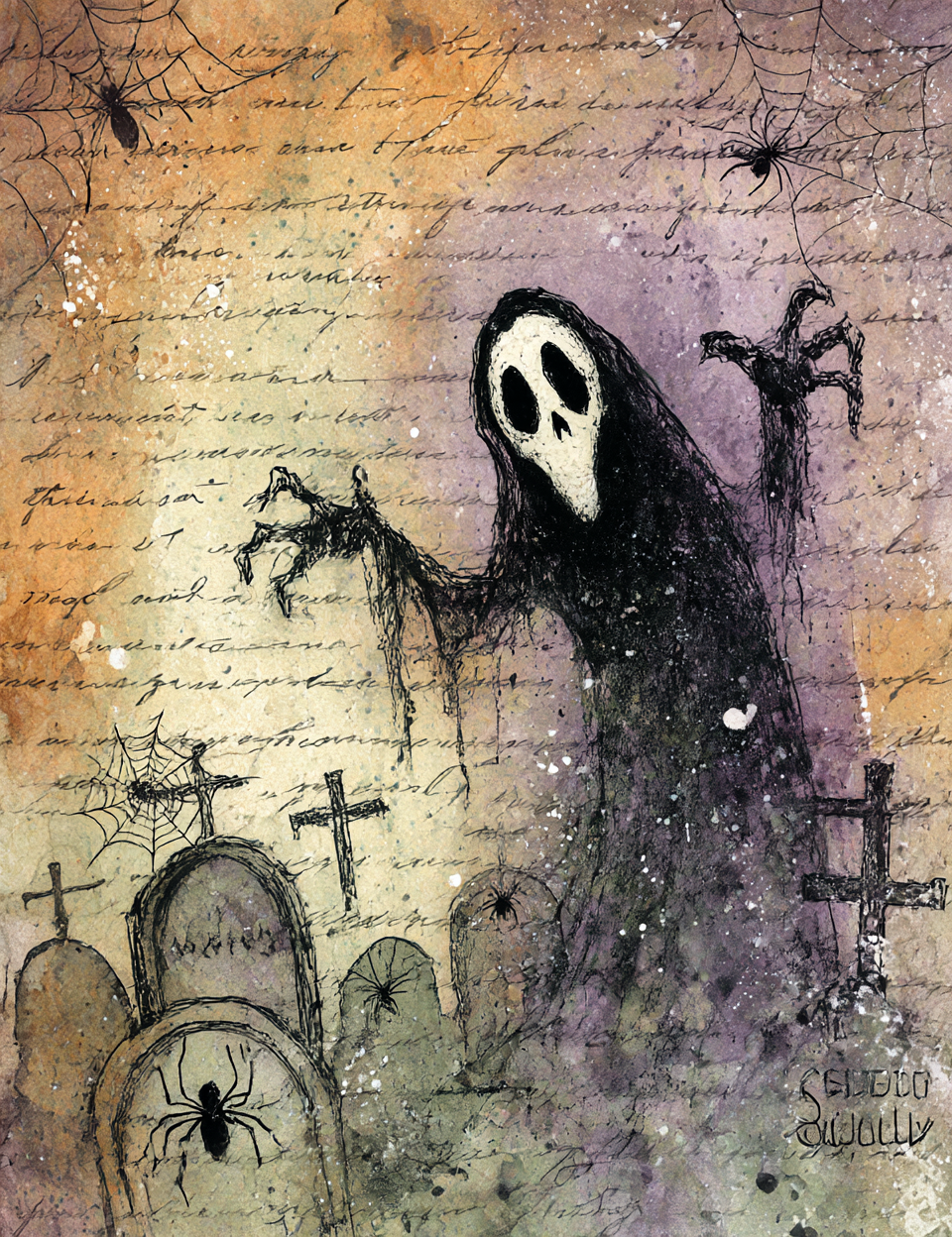 Ghostly figure with a white face and black robe in a graveyard setting with cobwebs and crosses.
