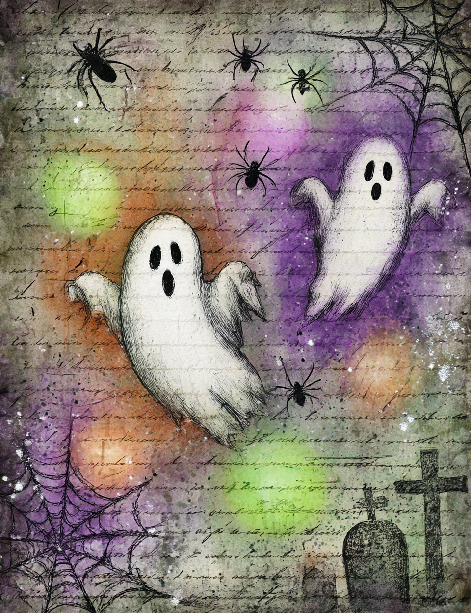 Halloween-themed illustration with ghosts, spiders, and a cross on a textured background.
