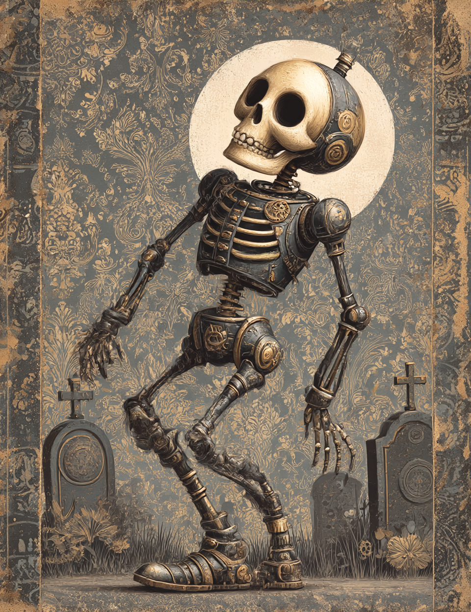 Steampunk skeleton figure against a gothic background with gravestones.