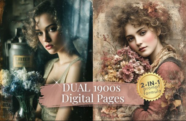 Collage of two vintage-style women with text overlay 'DUAL 1900s Digital Pages' and '2-IN-1 prompt formula'.