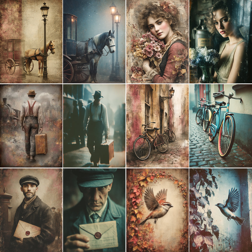 Collage of vintage-style images including people, animals, and landscapes.