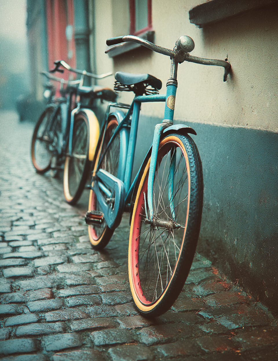 Blue bicycle leaning against a wall on a cobblestone street