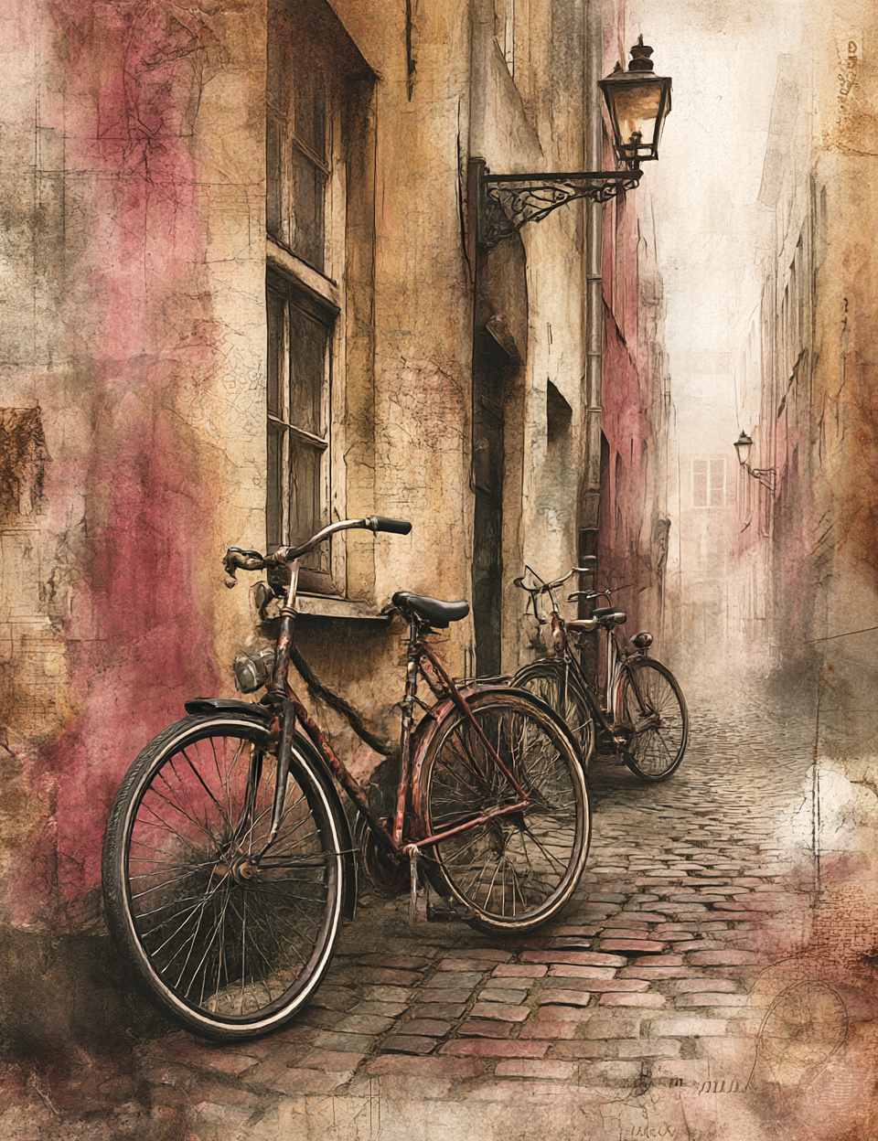 Vintage bicycles parked against a textured wall in an alleyway