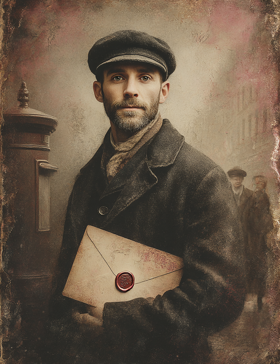Man holding a letter with a stamp in an old-fashioned setting