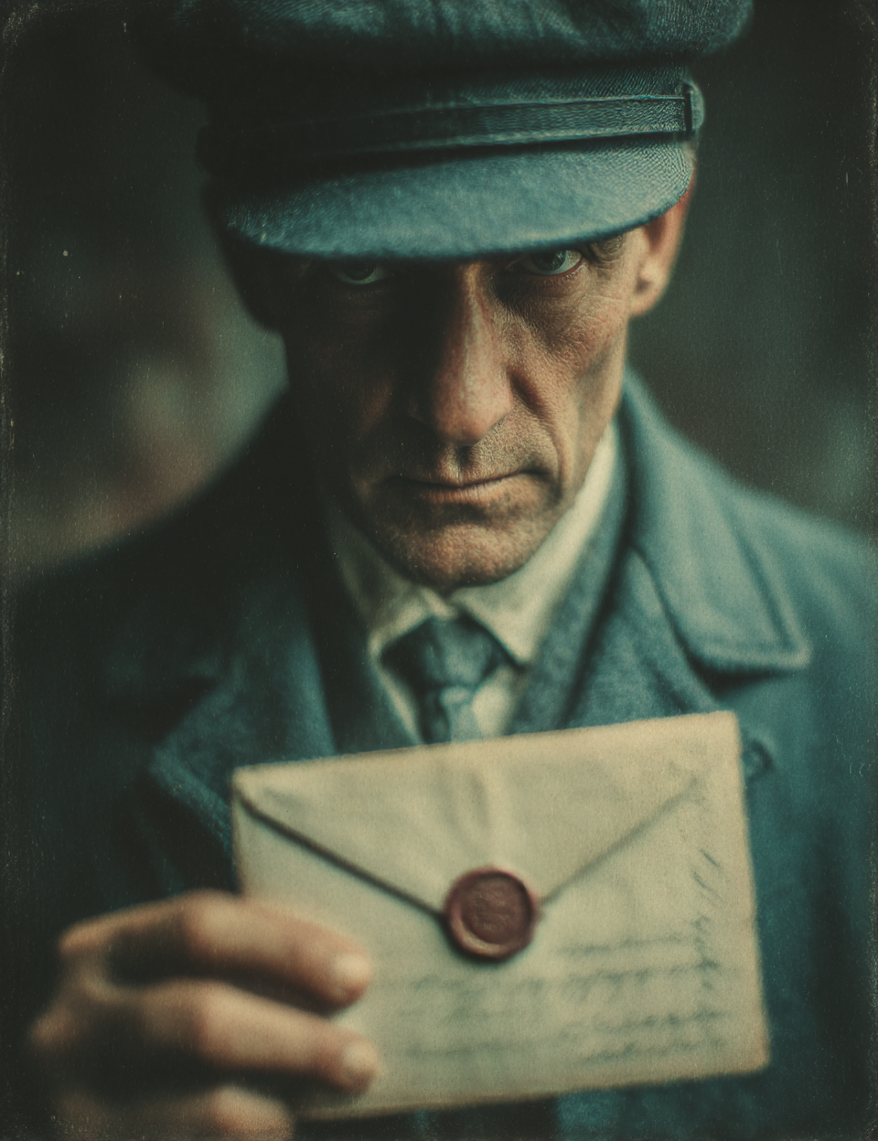 Man holding a letter with a wax seal, wearing a cap and coat.
