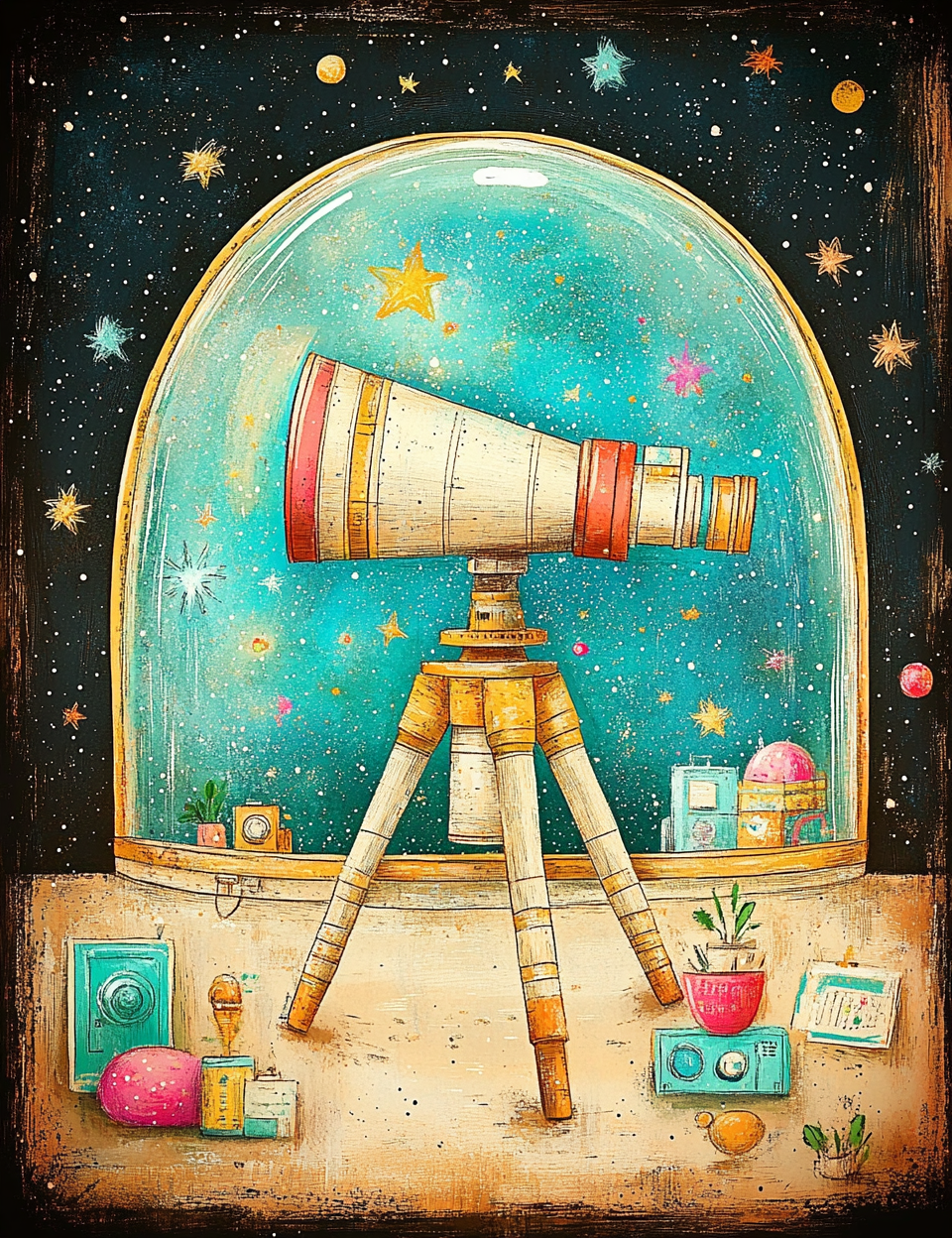 Illustration of a telescope inside a glass dome with a starry night background