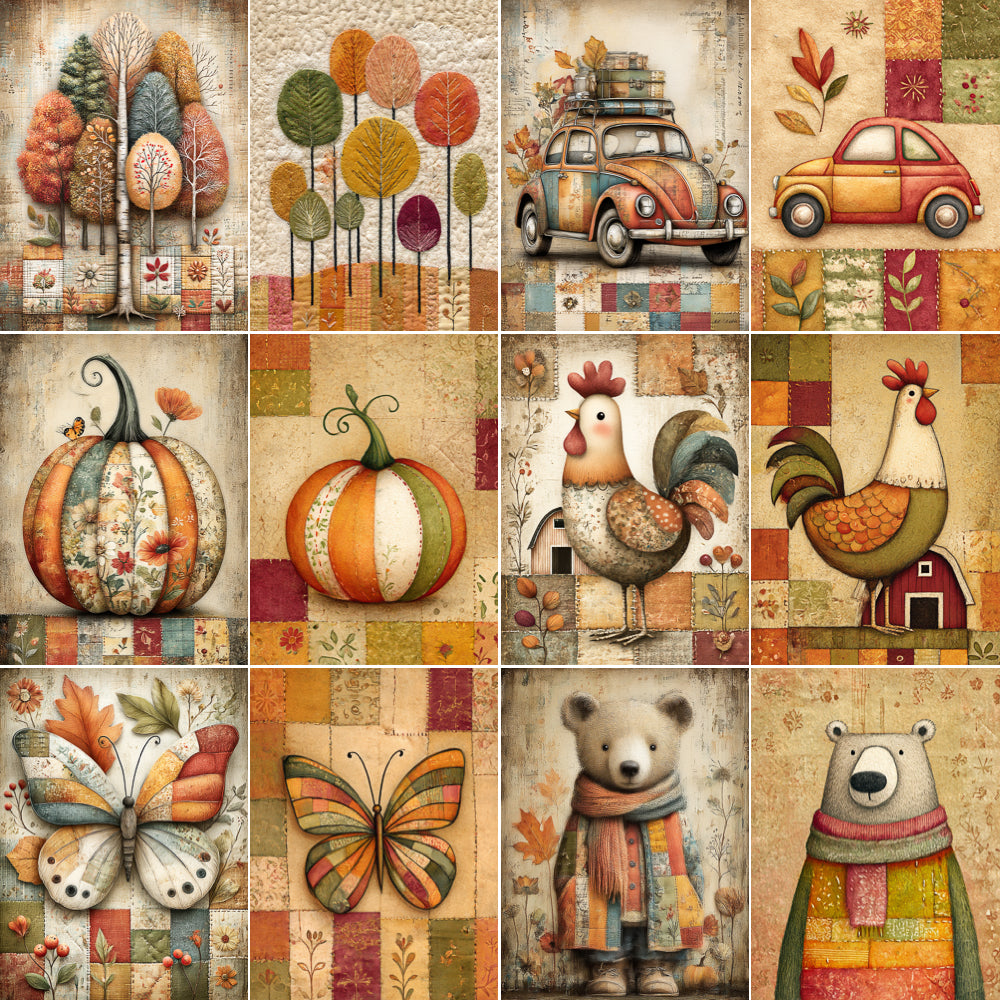 Collage of autumn-themed illustrations including trees, cars, pumpkins, roosters, butterflies, and bears.
