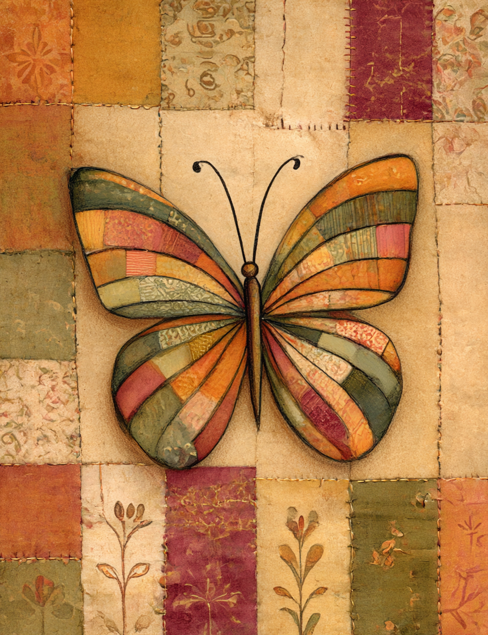 Colorful butterfly on a patchwork background
