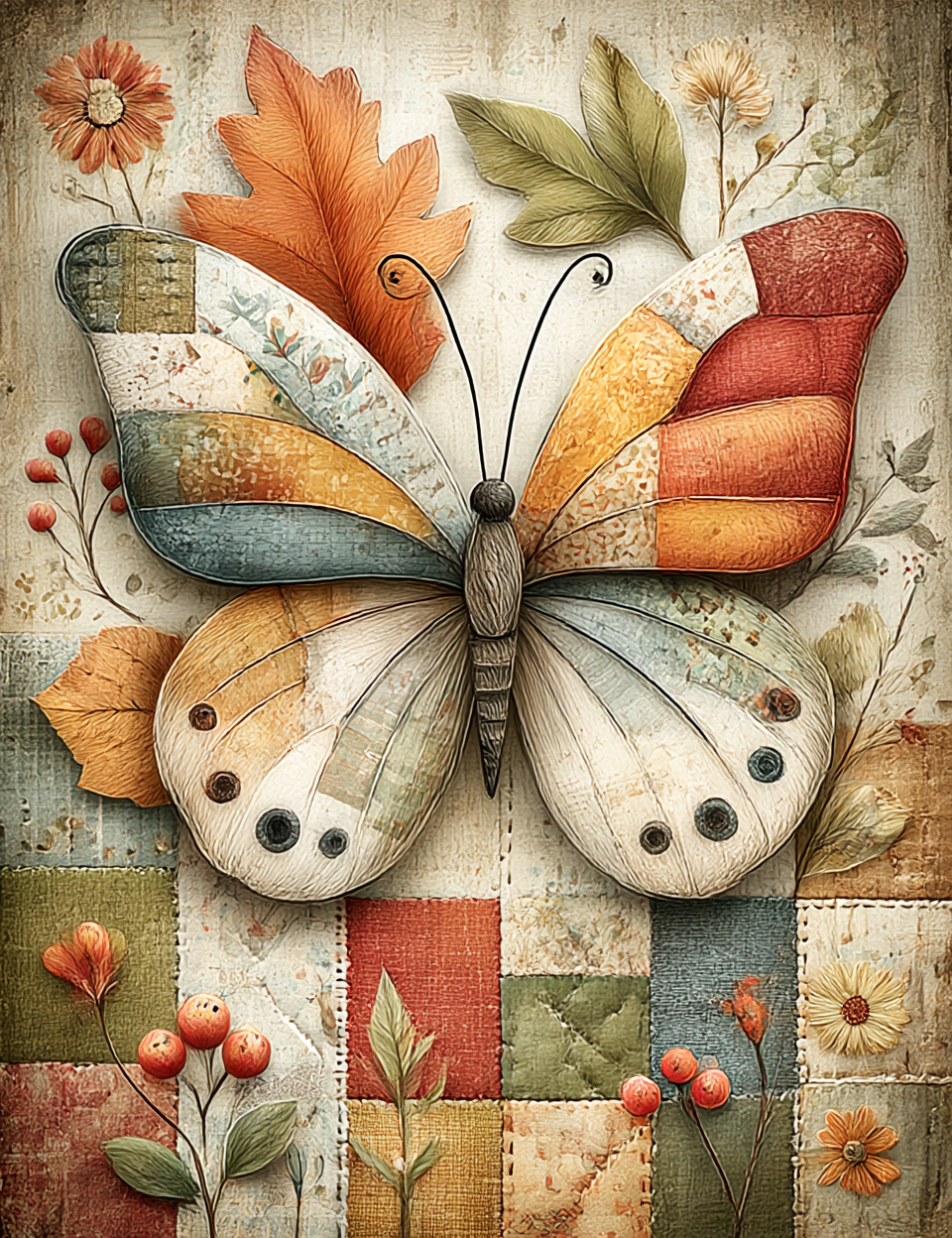 Butterfly with patchwork pattern on a textured background with flowers and leaves