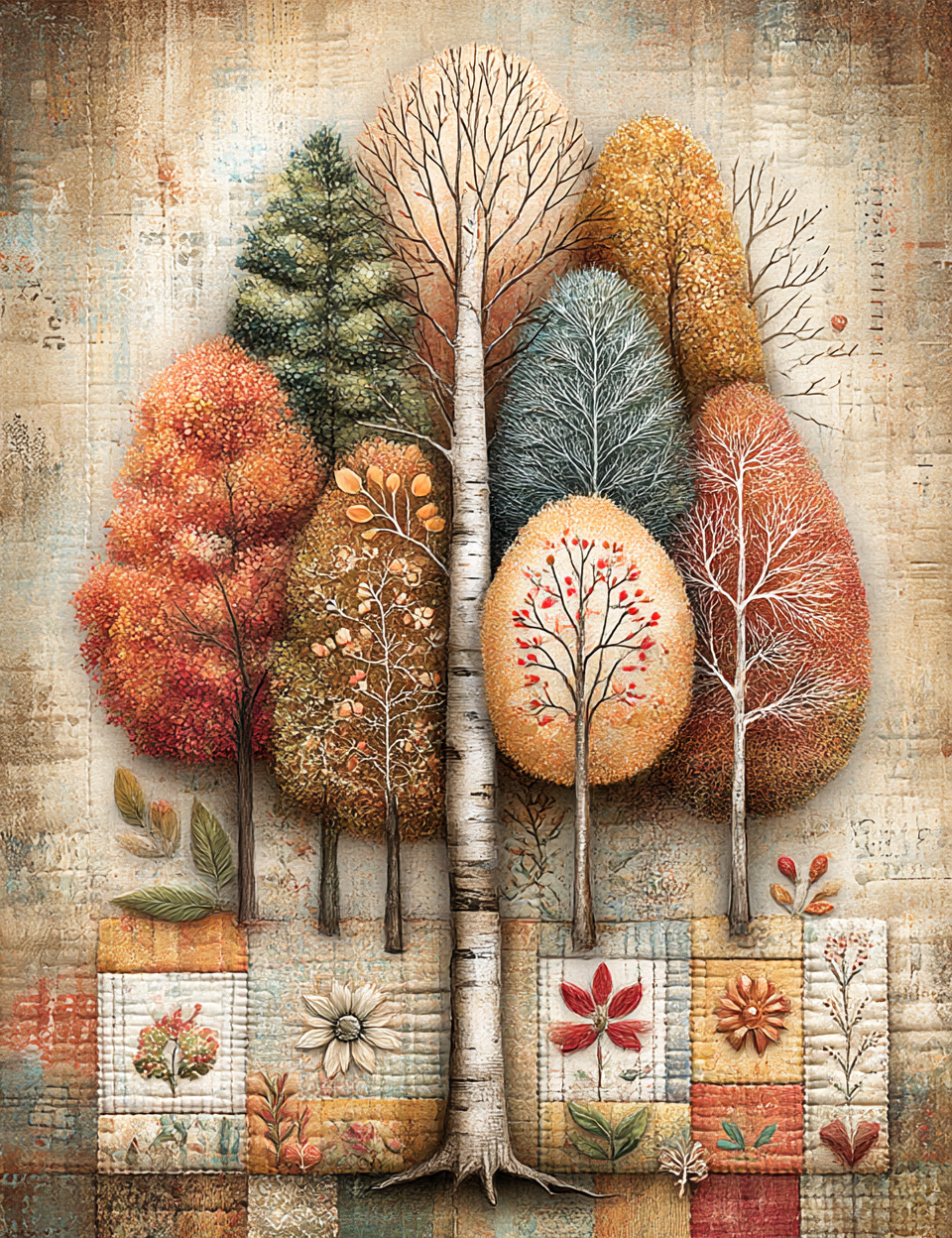 Artistic depiction of trees with autumn colors on a textured background