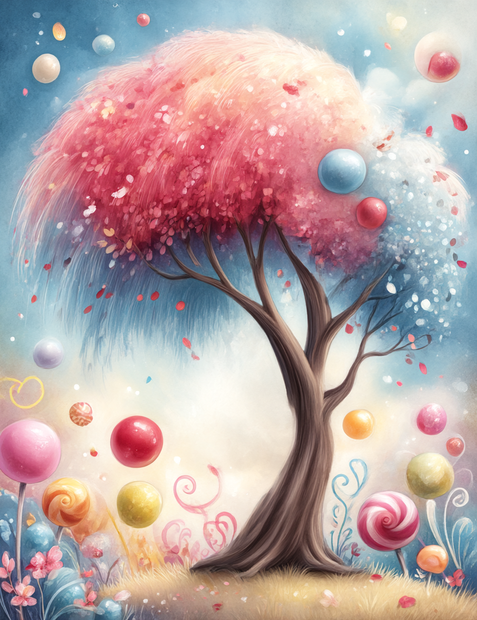 Fantasy tree with pink foliage and colorful balloons against a blue sky.