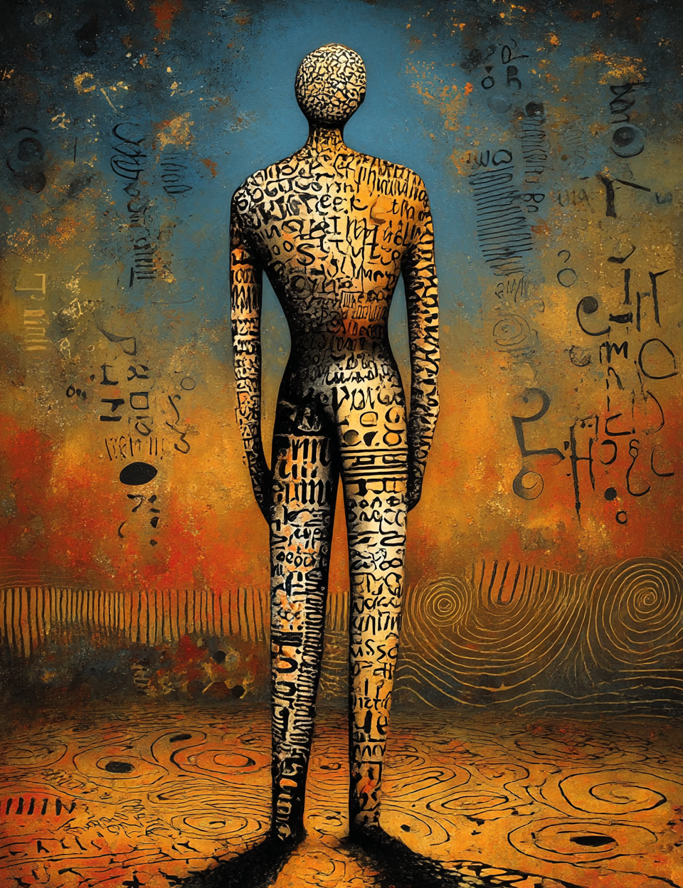 Abstract artwork of a humanoid figure with text patterns against an orange and blue background